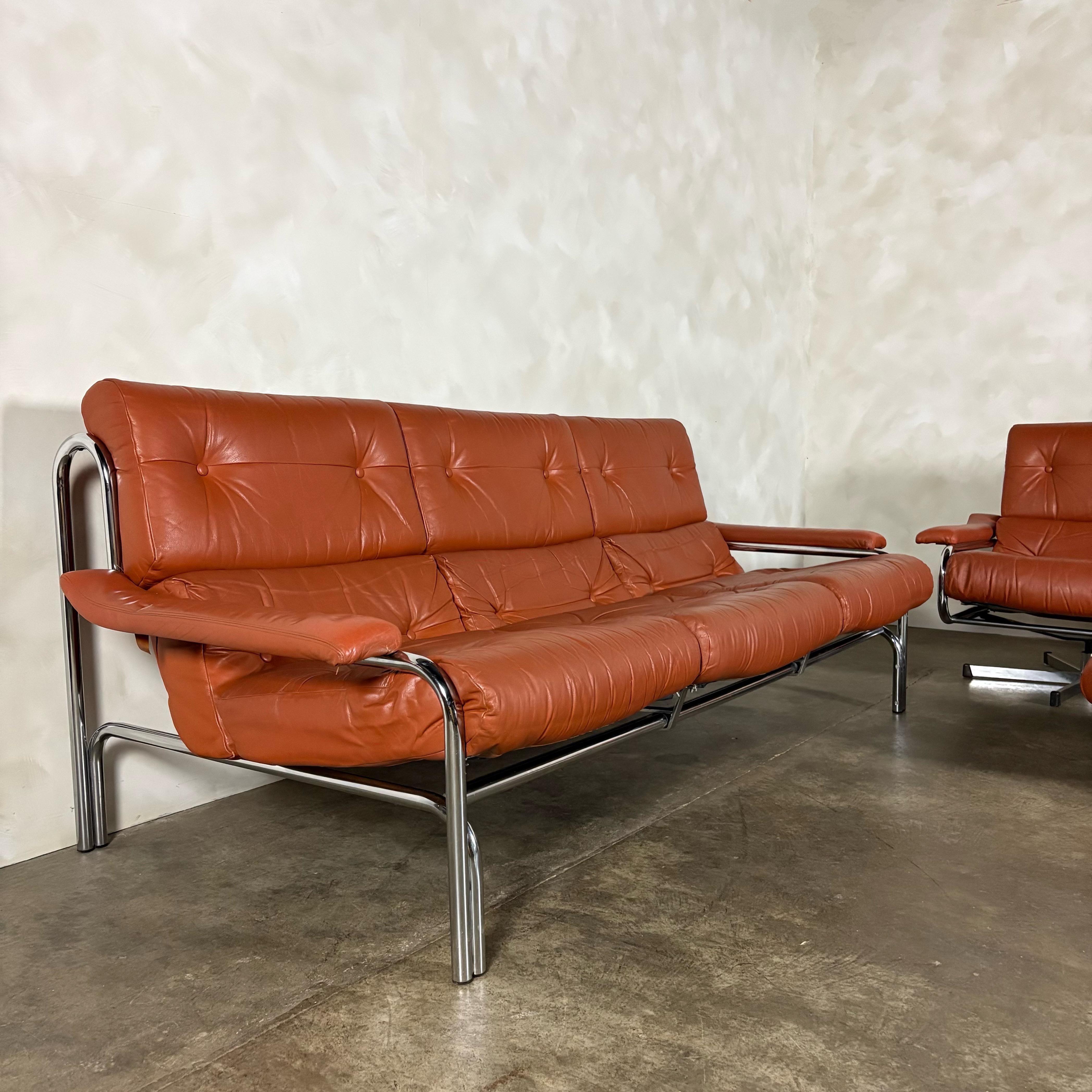 Mid Century Pieff Alpha Tan Brown Leather Three Seater Sofa & Two Swivel Lounge Chairs With Footstool Vintage Retro MCM