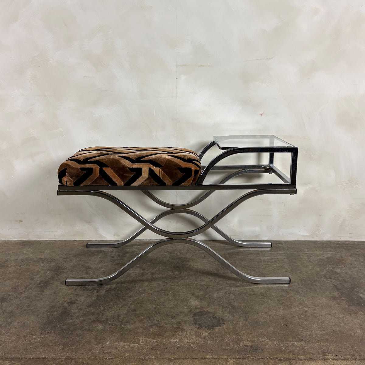 1970s Pieff Chrome & Geometric Fabric Upholstered Side Table/Seat Mid Century Vintage Retro MCM