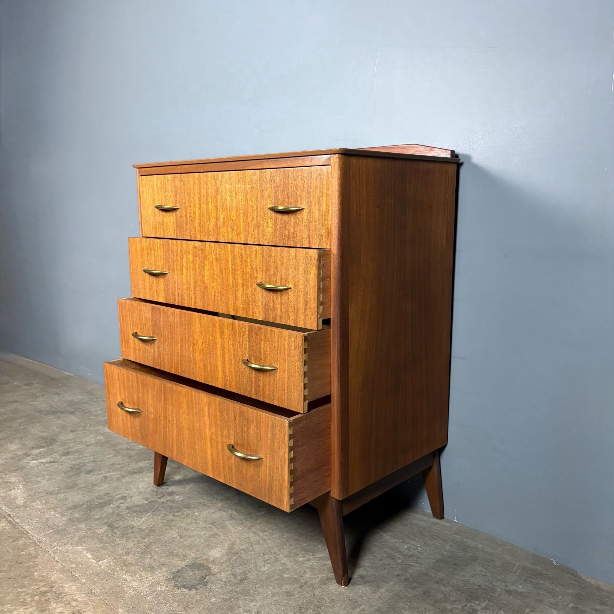 Mid Century Teak & Brass Chest Of Drawers Vintage Retro MCM