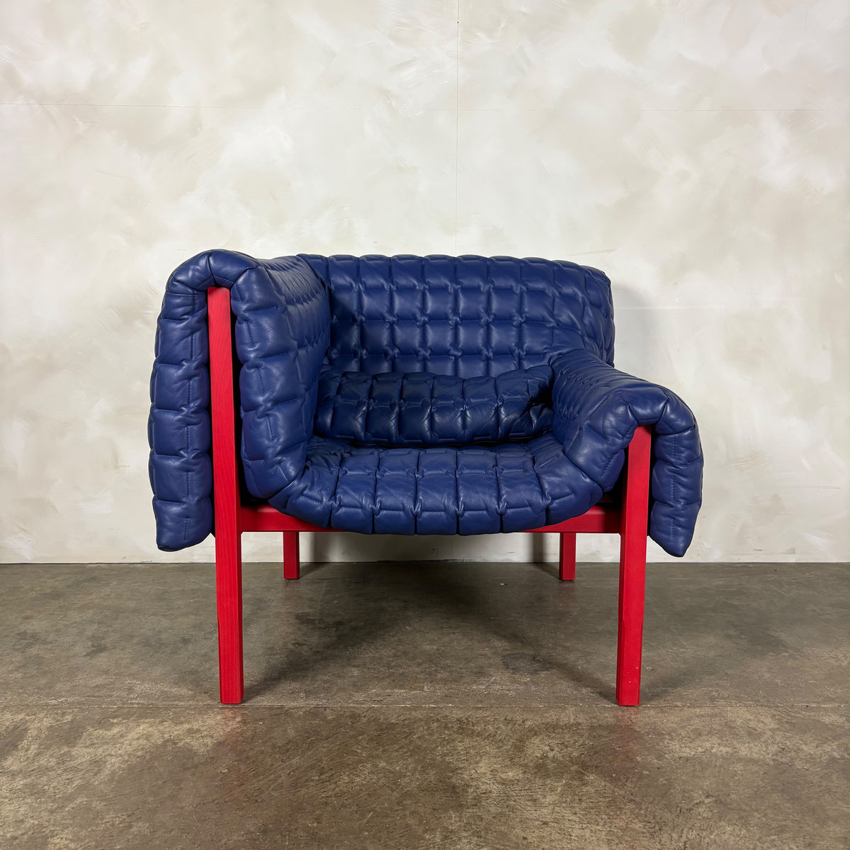 Ligne Roset Ruché Three Seater Sofa & Armchair By Inga Sempé In Blue Leather & Red Frame Vintage Retro
