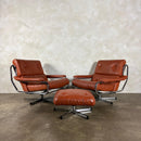 Mid Century Pieff Alpha Tan Brown Leather Three Seater Sofa & Two Swivel Lounge Chairs With Footstool Vintage Retro MCM