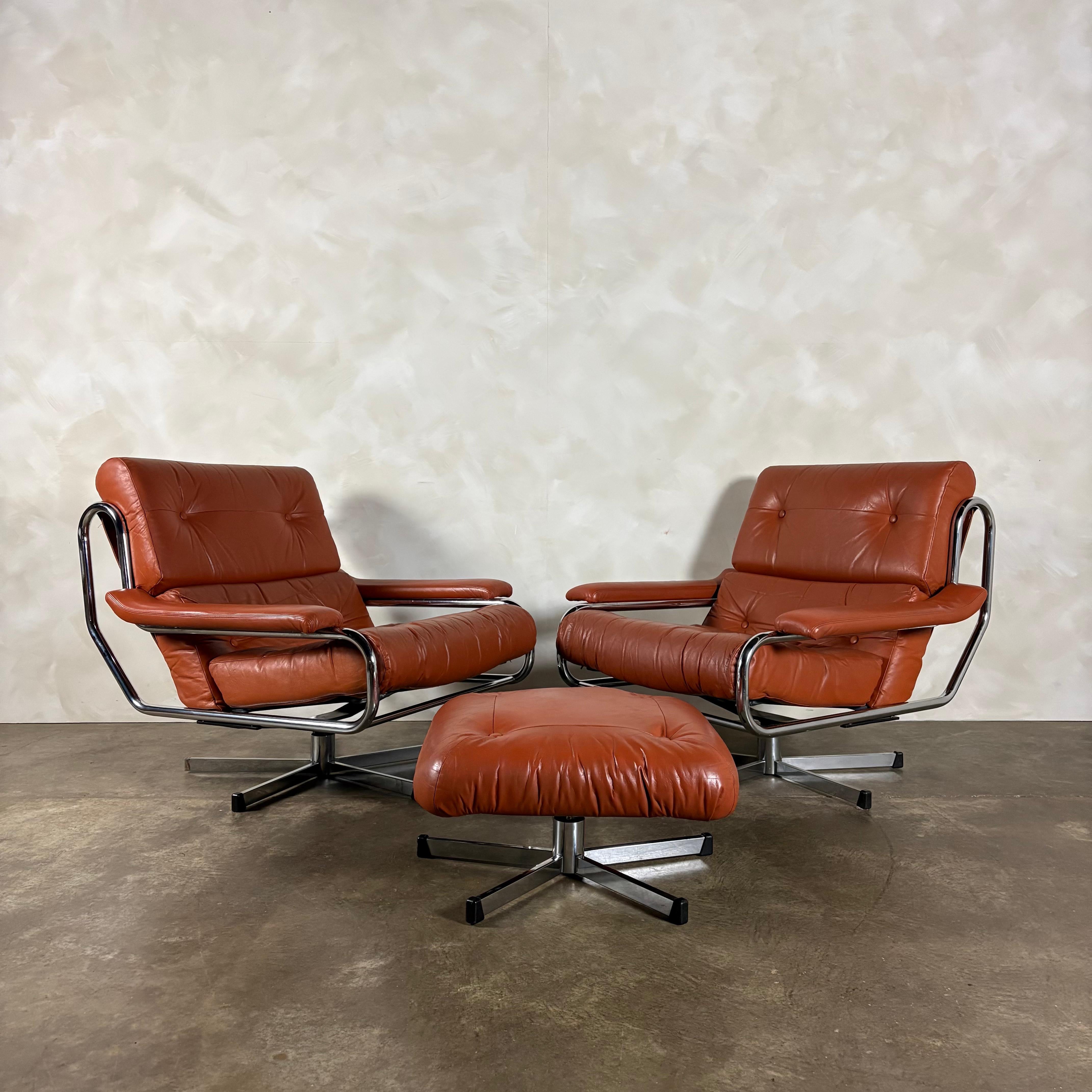 Mid Century Pieff Alpha Tan Brown Leather Three Seater Sofa & Two Swivel Lounge Chairs With Footstool Vintage Retro MCM