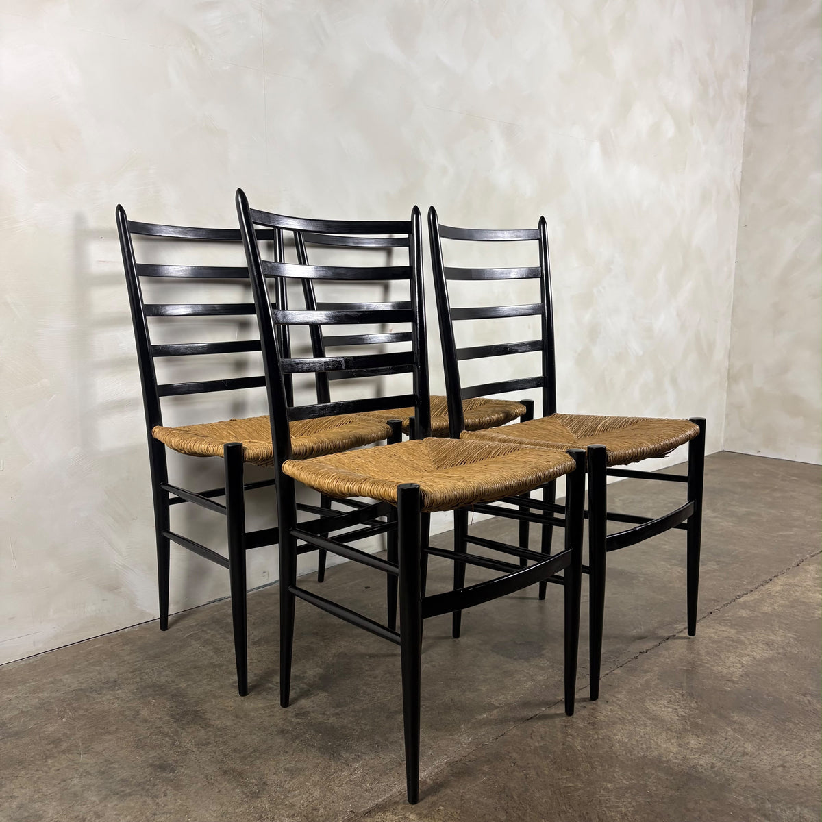 Set Of Four Italian Gio Ponti Style Ebonised Black Ladderback Dining Chairs Mid Century Vintage Retro MCM