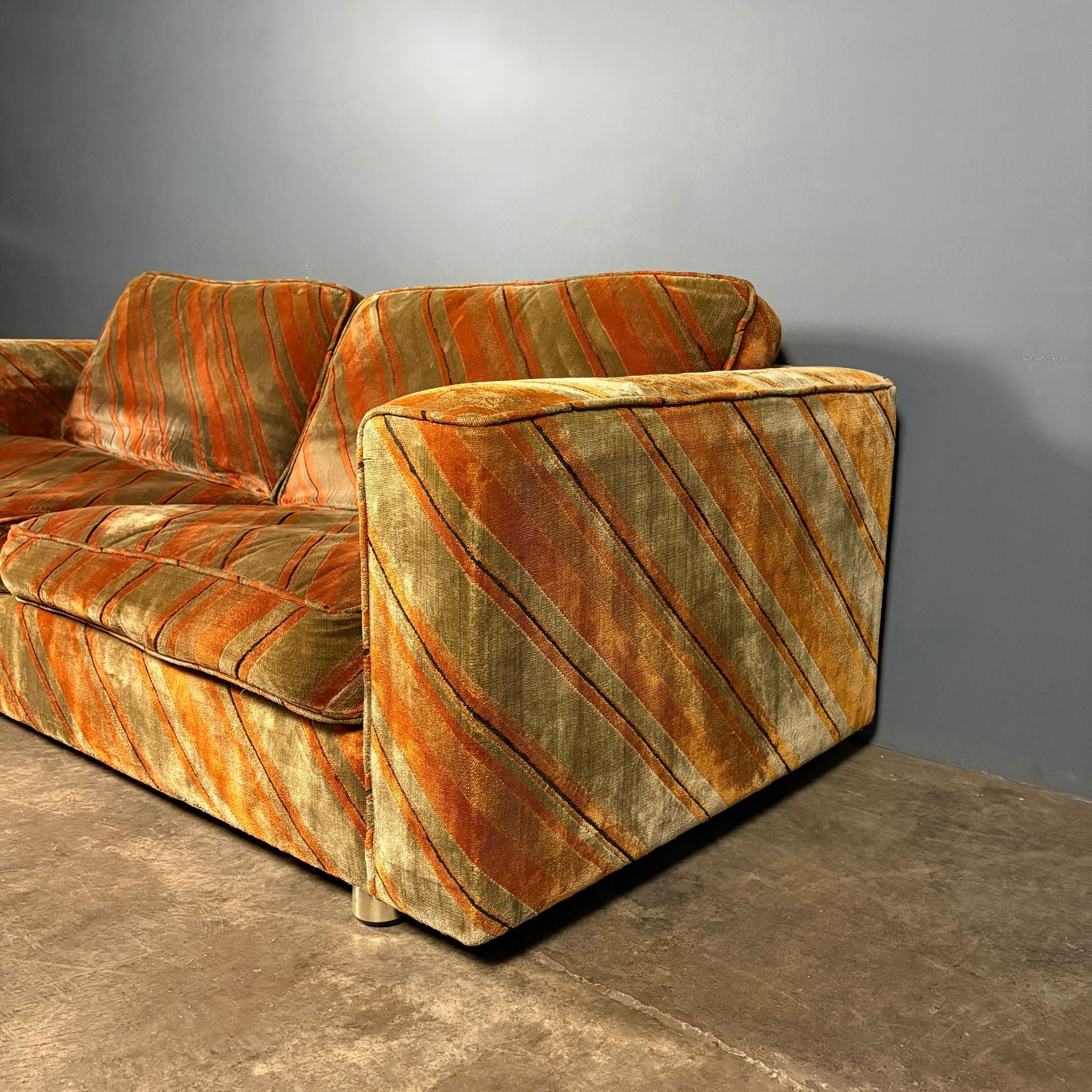 Mid Century Everest Orange Striped Geometric Lounge Suite - Three Seater Sofa, Armchairs & Coffee Tables Vintage Retro MCM