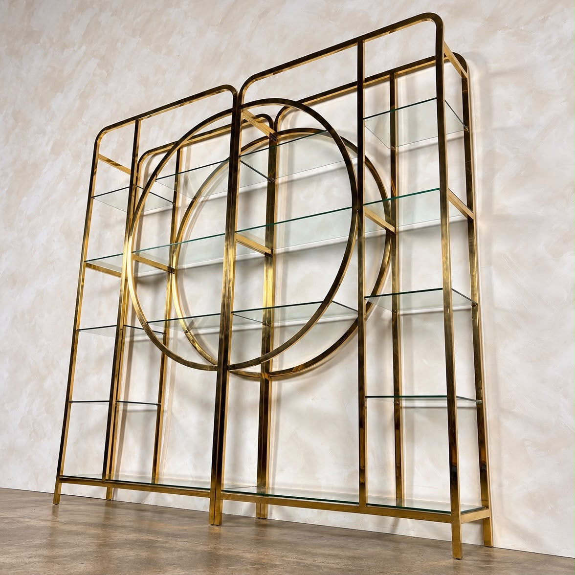 Pair Of Large Brass & Glass Milo Baughman Art Deco Etagerès Shelves Mid Century Vintage Retro MCM
