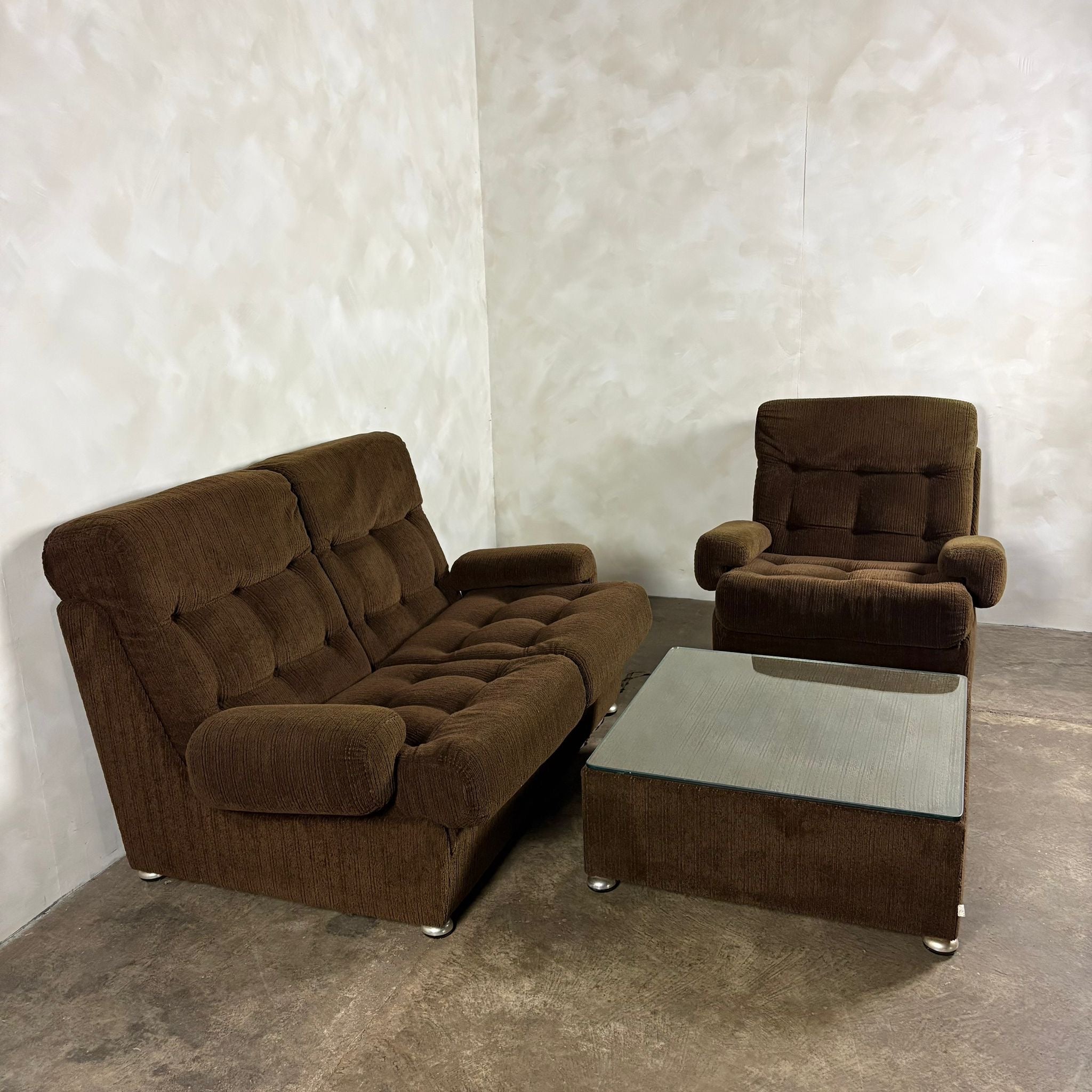 Mid Century Modular Brown Two Seater Sofa & Armchair With Coffee Table Vintage Retro MCM