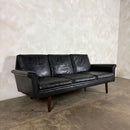 Black Leather Three Seater Sofa Danish 1960s Mid Century Vintage Retro MCM