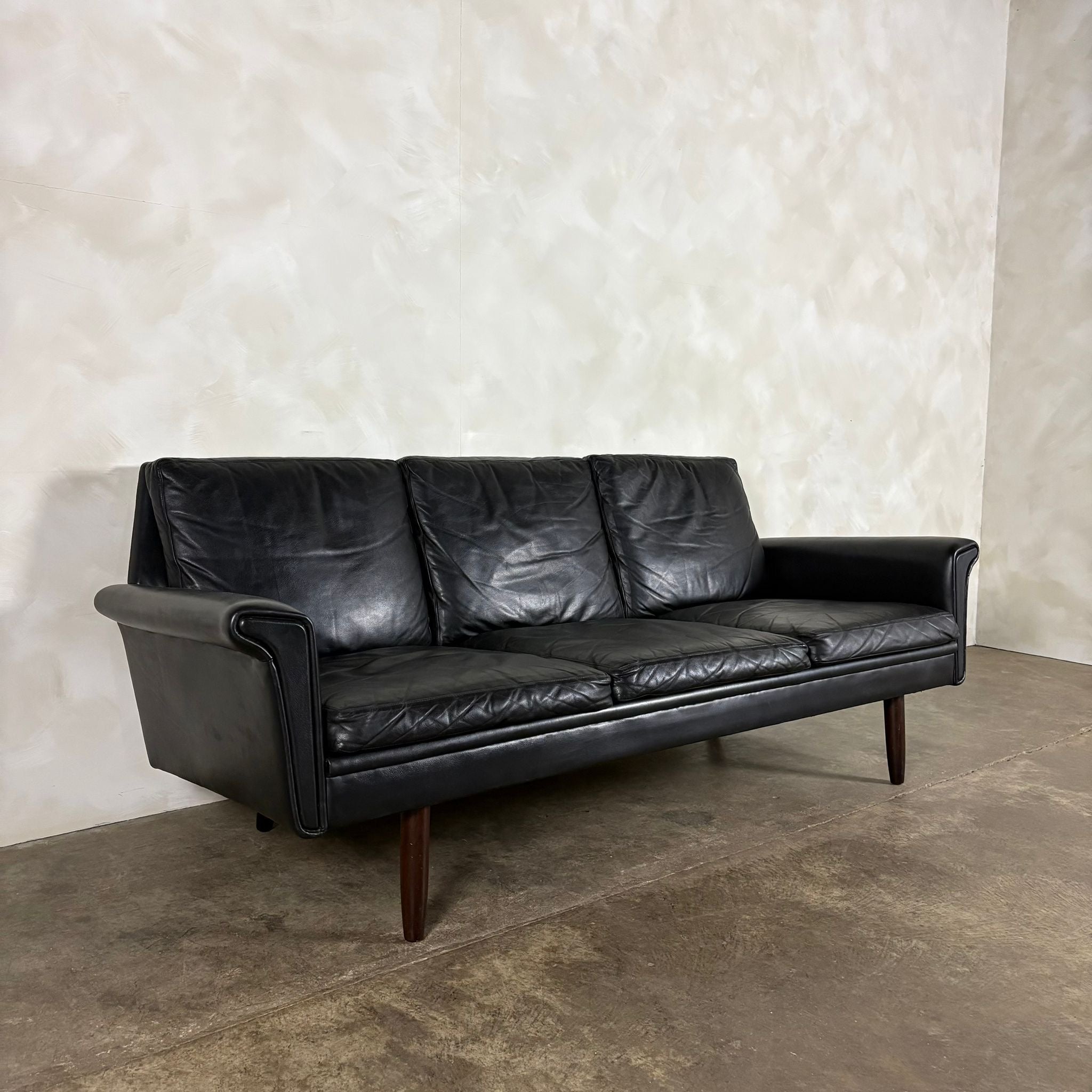 Black Leather Three Seater Sofa Danish 1960s Mid Century Vintage Retro MCM
