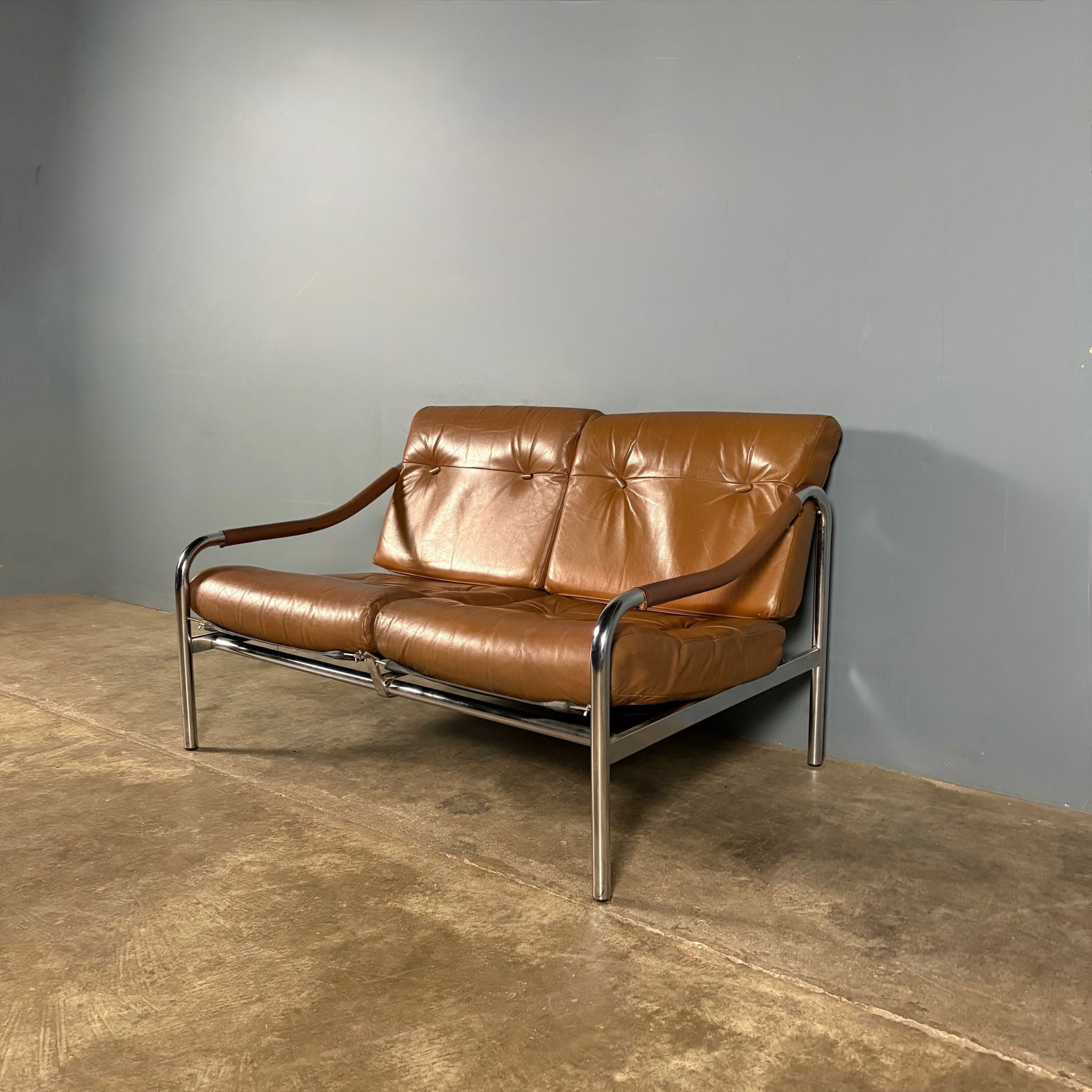 Mid Century Pieff Beta Two Seater Sofa Tan Brown Leather Vintage Retro MCM