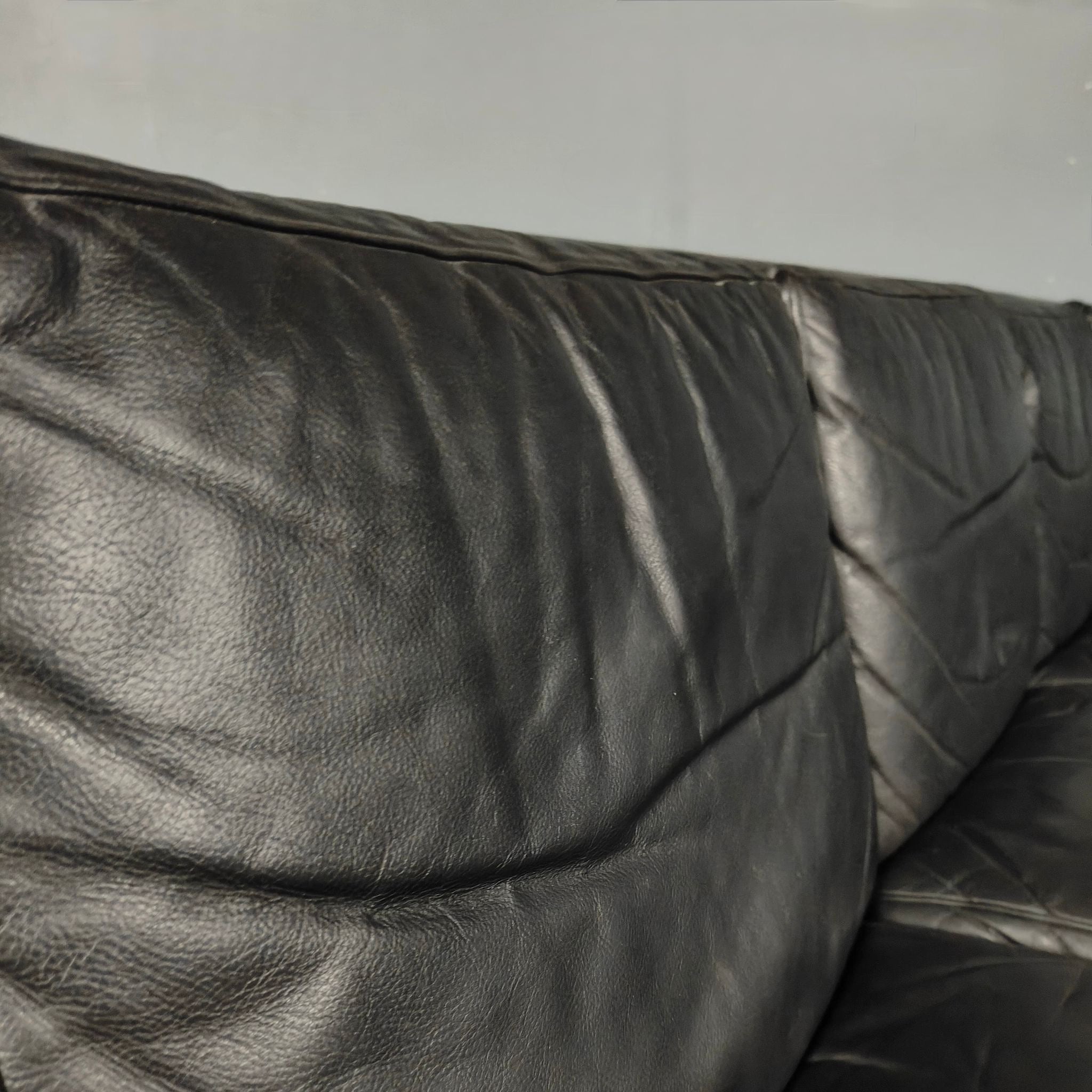Black Leather Four Seater Sofa Danish 1960s Mid Century Vintage Retro MCM