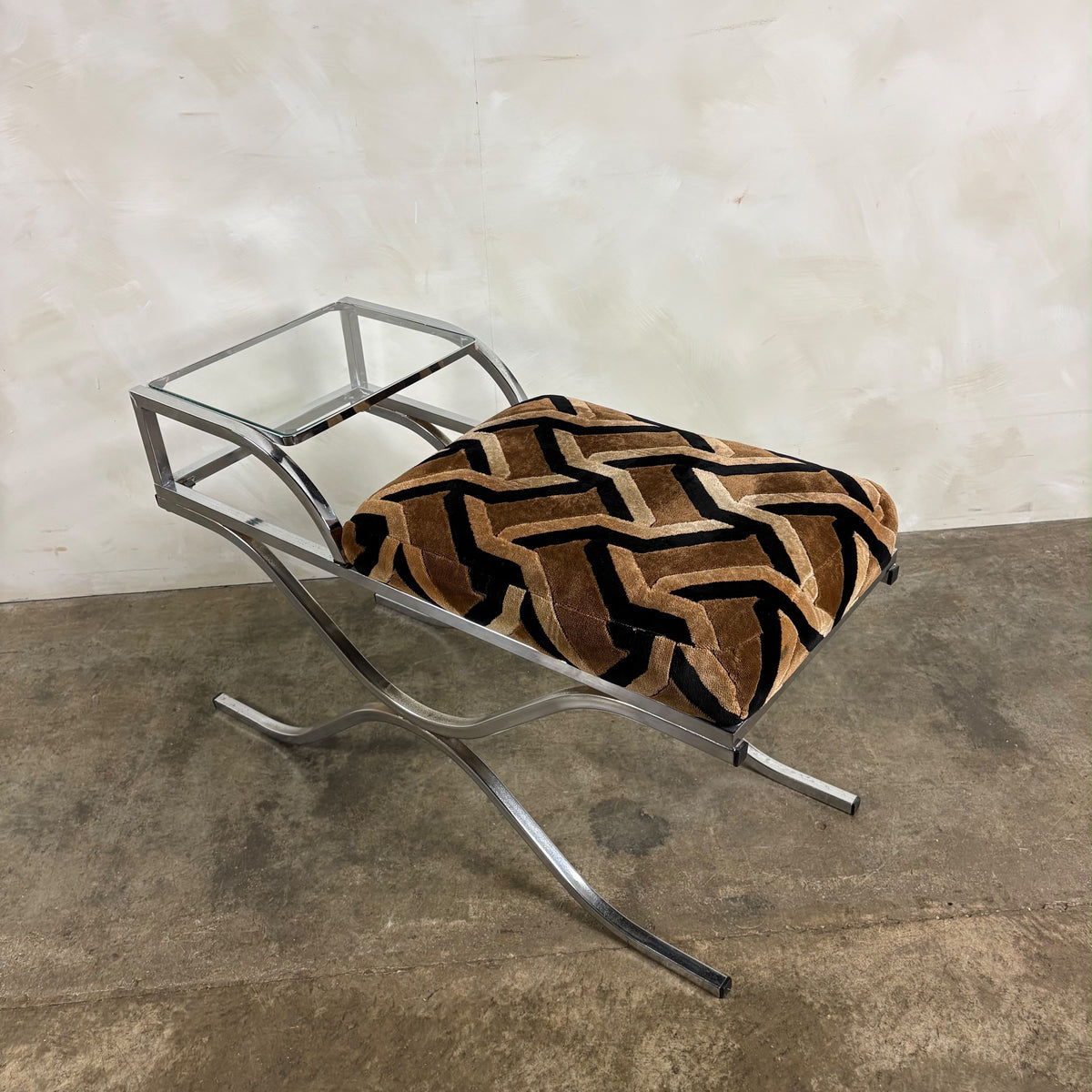 1970s Pieff Chrome & Geometric Fabric Upholstered Side Table/Seat Mid Century Vintage Retro MCM