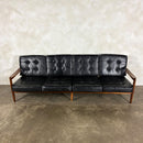 Four Seater Black Leather Teak Sofa Danish Scandinavian Mid Century Vintage Retro MCM