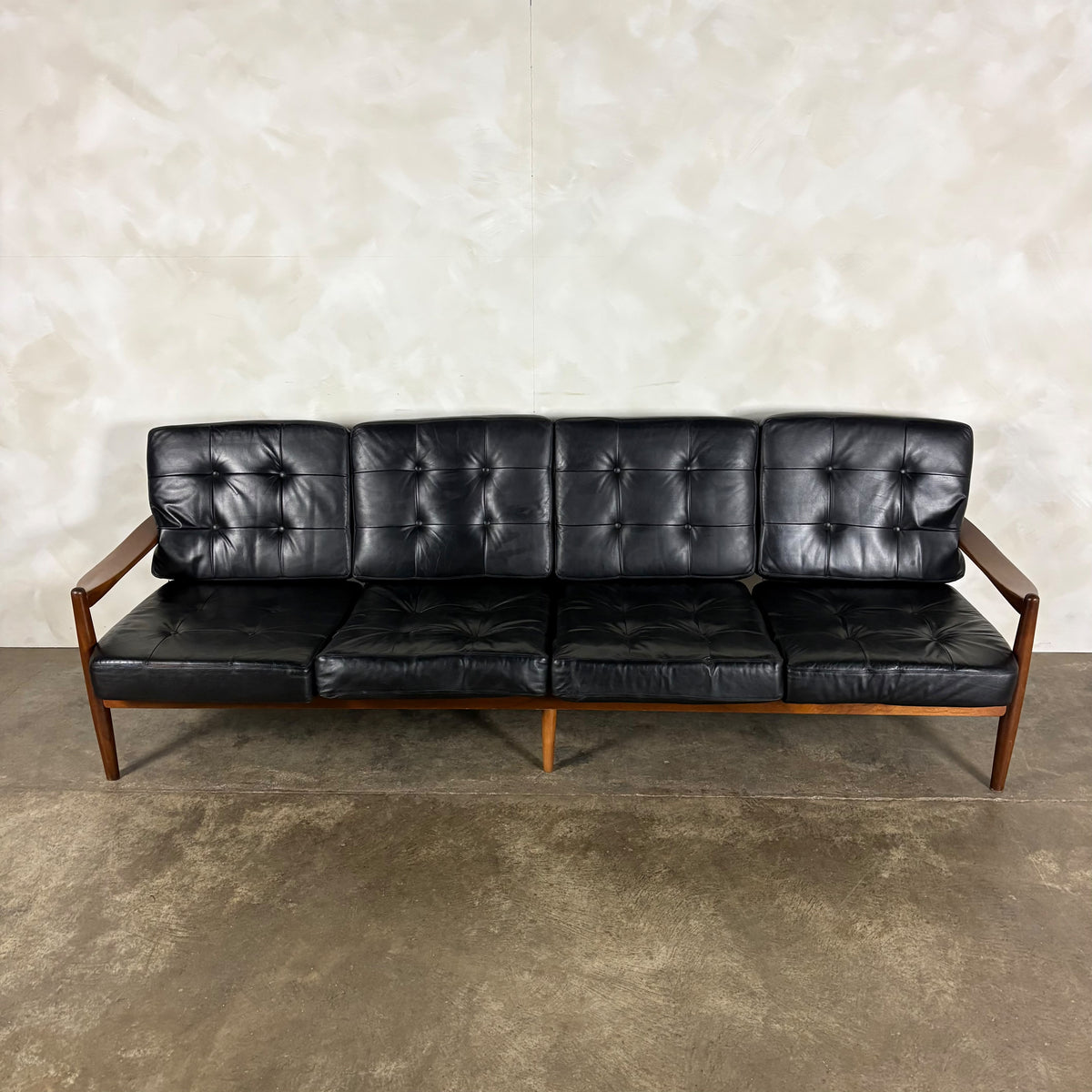 Four Seater Black Leather Teak Sofa Danish Scandinavian Mid Century Vintage Retro MCM