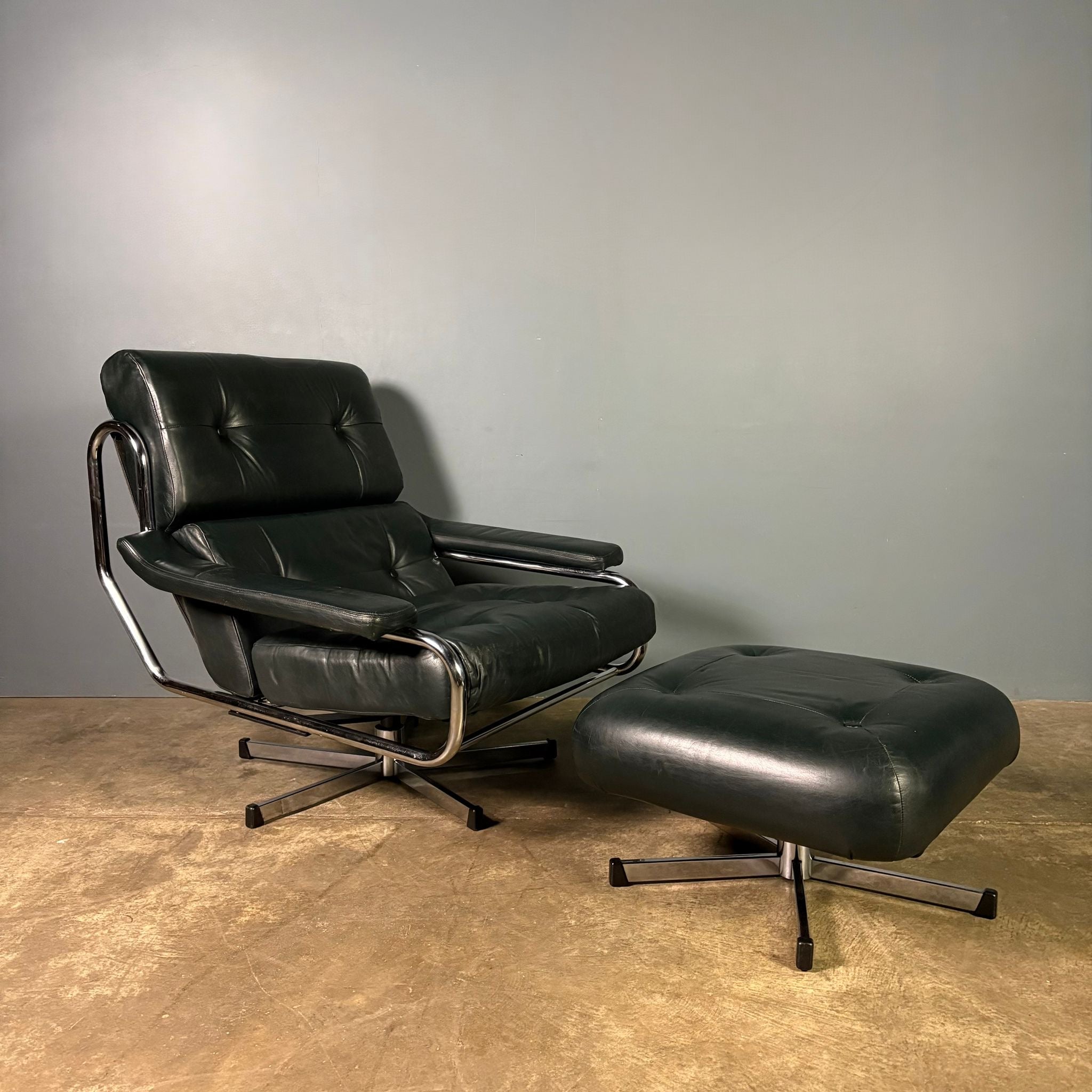 SOLD Mid Century Pieff Alpha Dark Green Leather Swivel Lounge Chair & Footstool Vintage Retro MCM