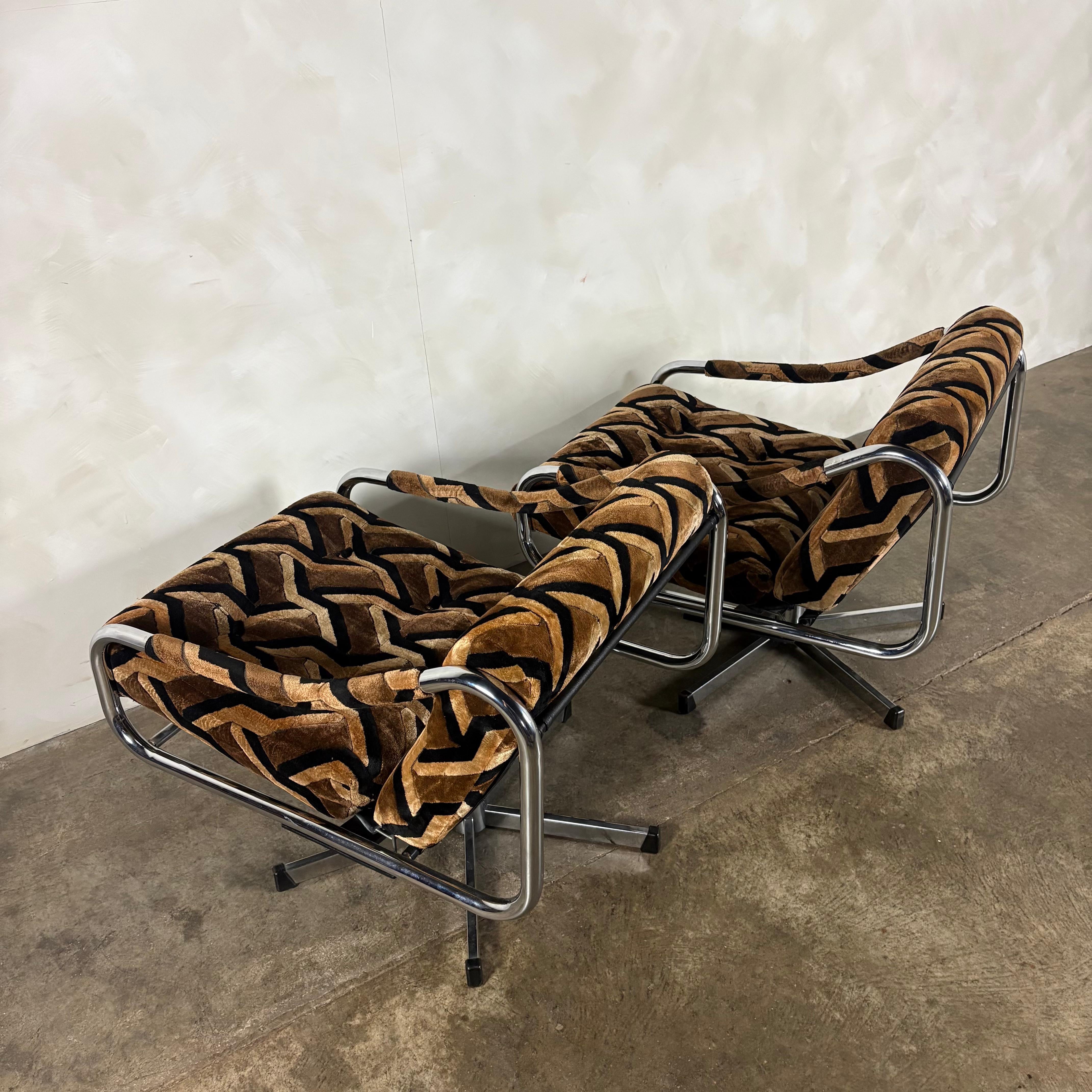 Pair Of Pieff Beta Swivel Lounge Chairs Geometric Fabric Footstool Mid Century Vintage Retro MCM
