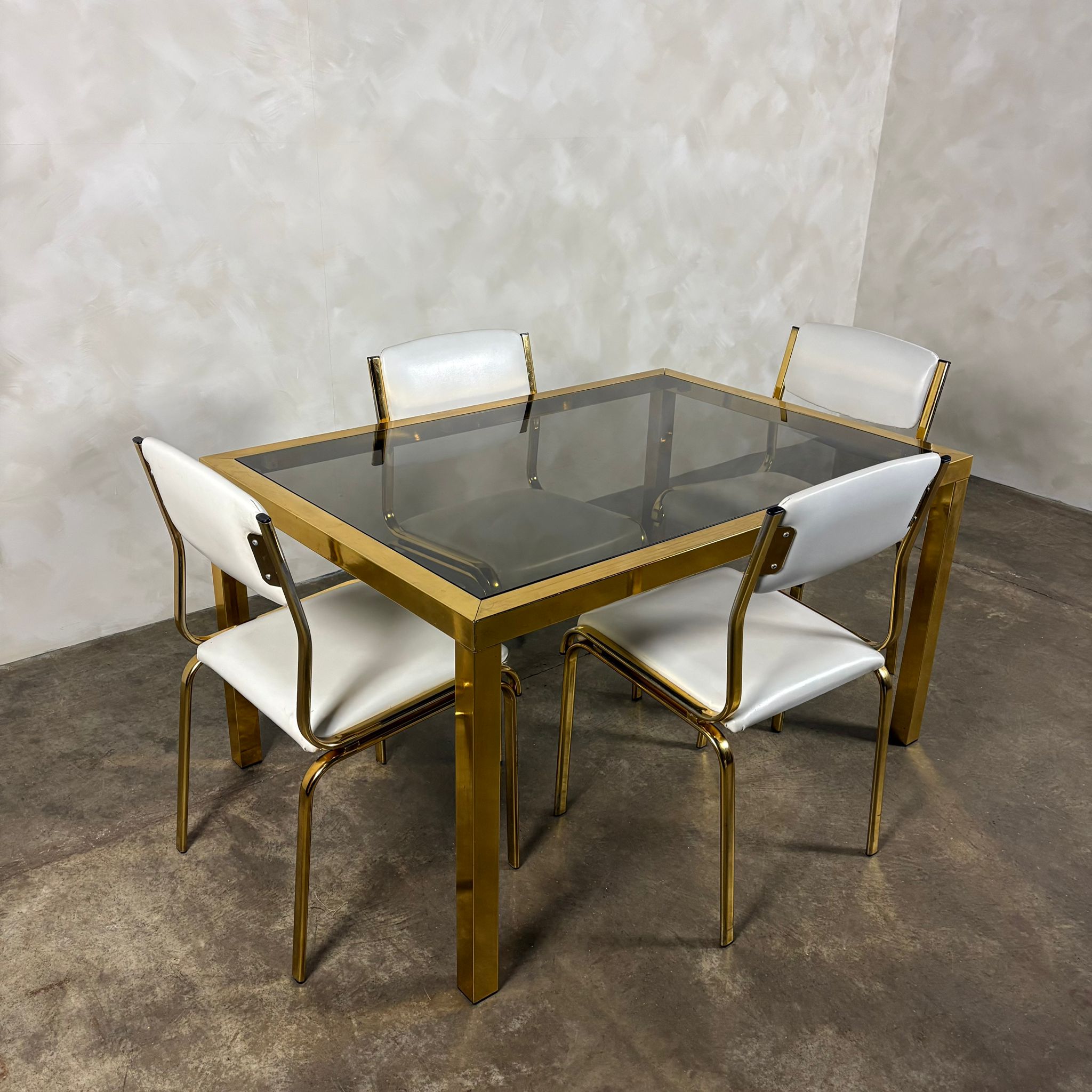 Brass & Glass Dining Table With Four Matching Brass Dining Chairs Mid Century Vintage Retro MCM