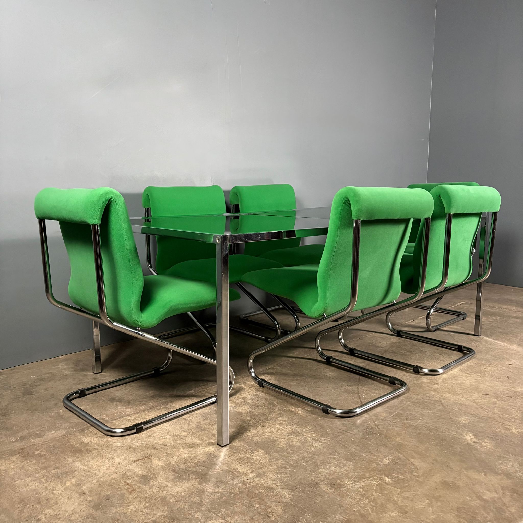 Six Green Italian Pace Chrome Dining Chairs & Glass Dining Table Mid Century Vintage Retro MCM
