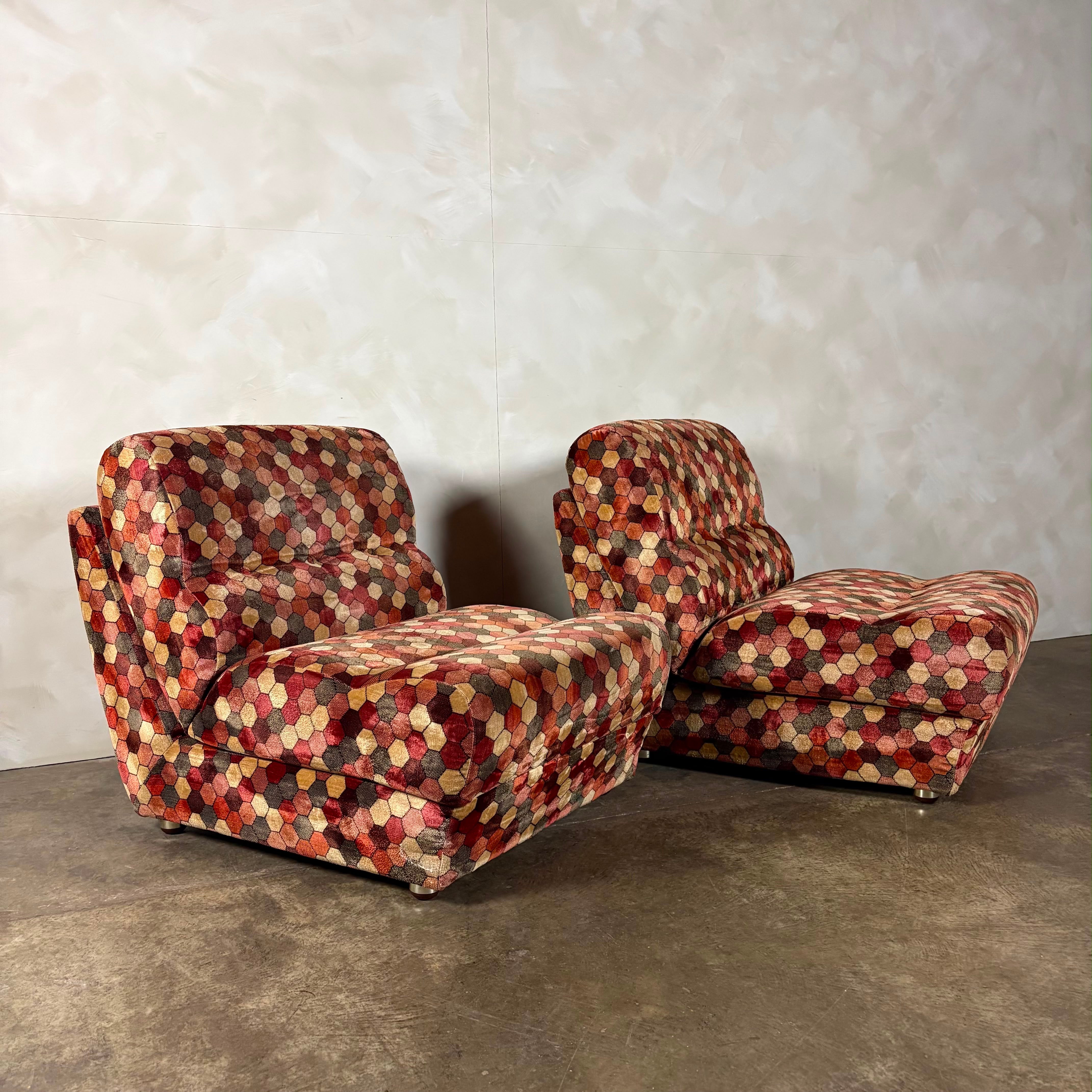 Pair Of Geometric Patterned Fold Out Lounge Chairs/Sofa Beds Rest Assured Mid Century Vintage Retro MCM