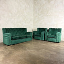 Vintage Art Deco Three Seater Sofa & Pair Of Armchairs In Emerald Turquoise Green Velvet