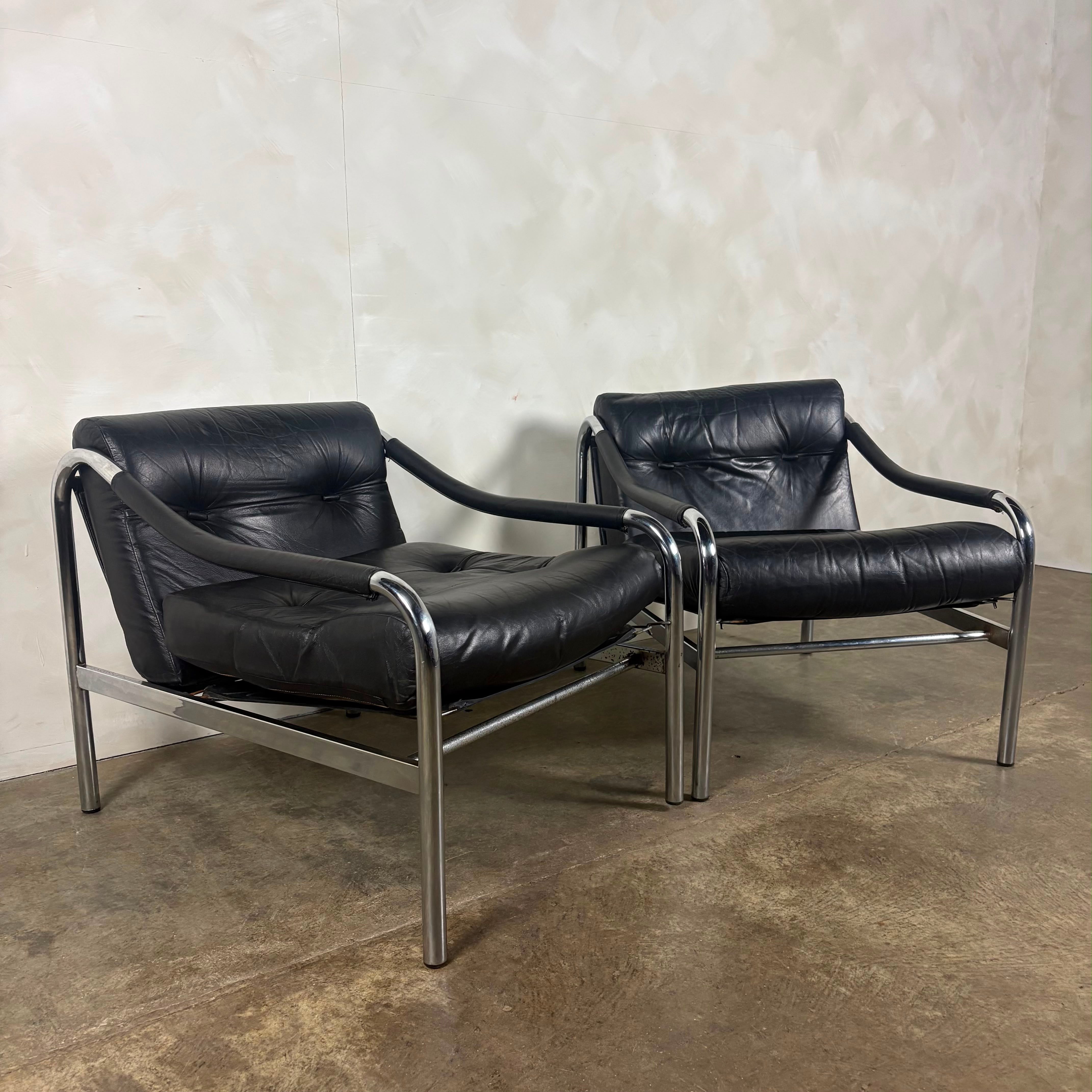 Pair Of Pieff Beta Lounge Chairs In Black Leather Mid Century Vintage Retro MCM