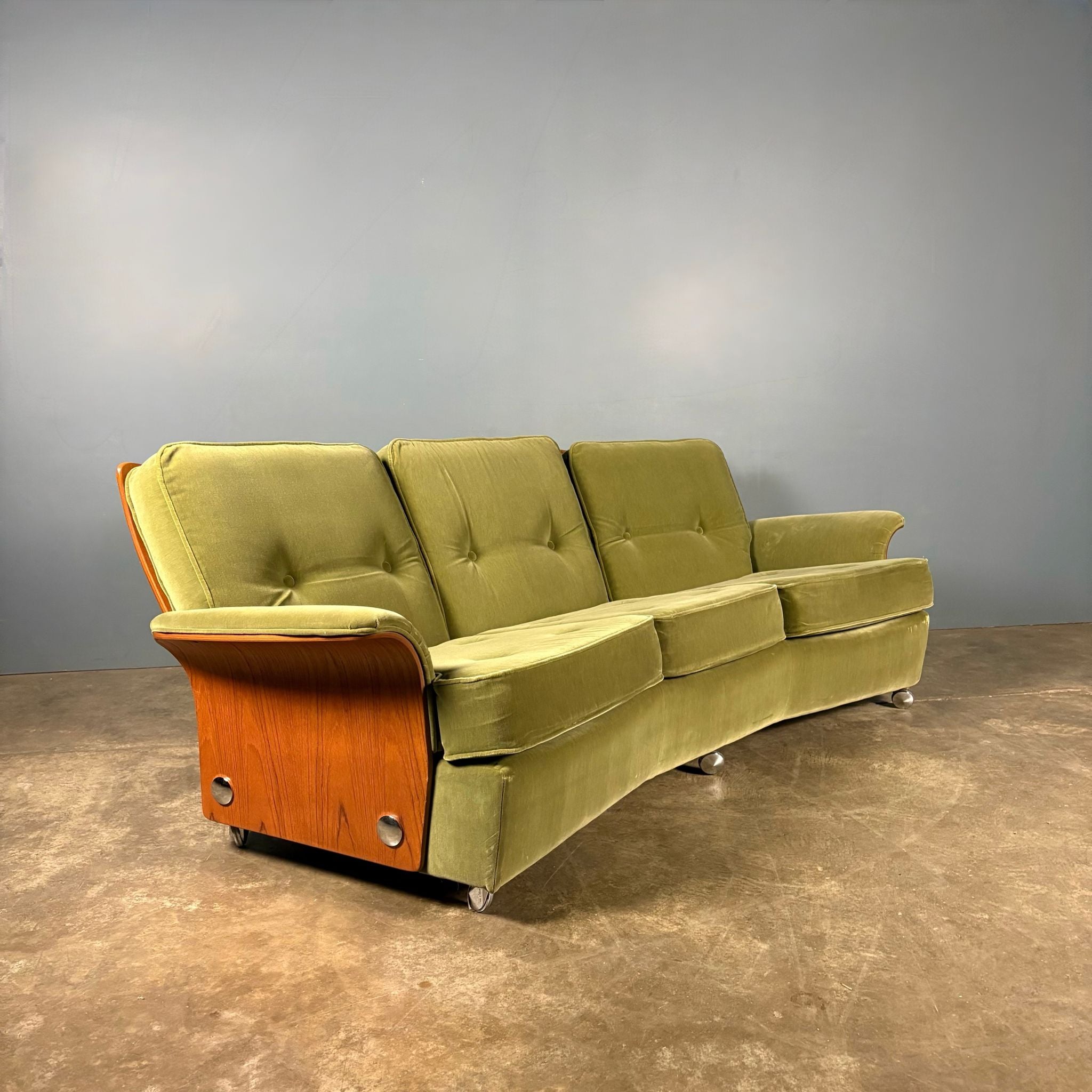 Mid Century G Plan Tulip Three Seater Sofa & Armchair Green Velvet Vintage Retro MCM