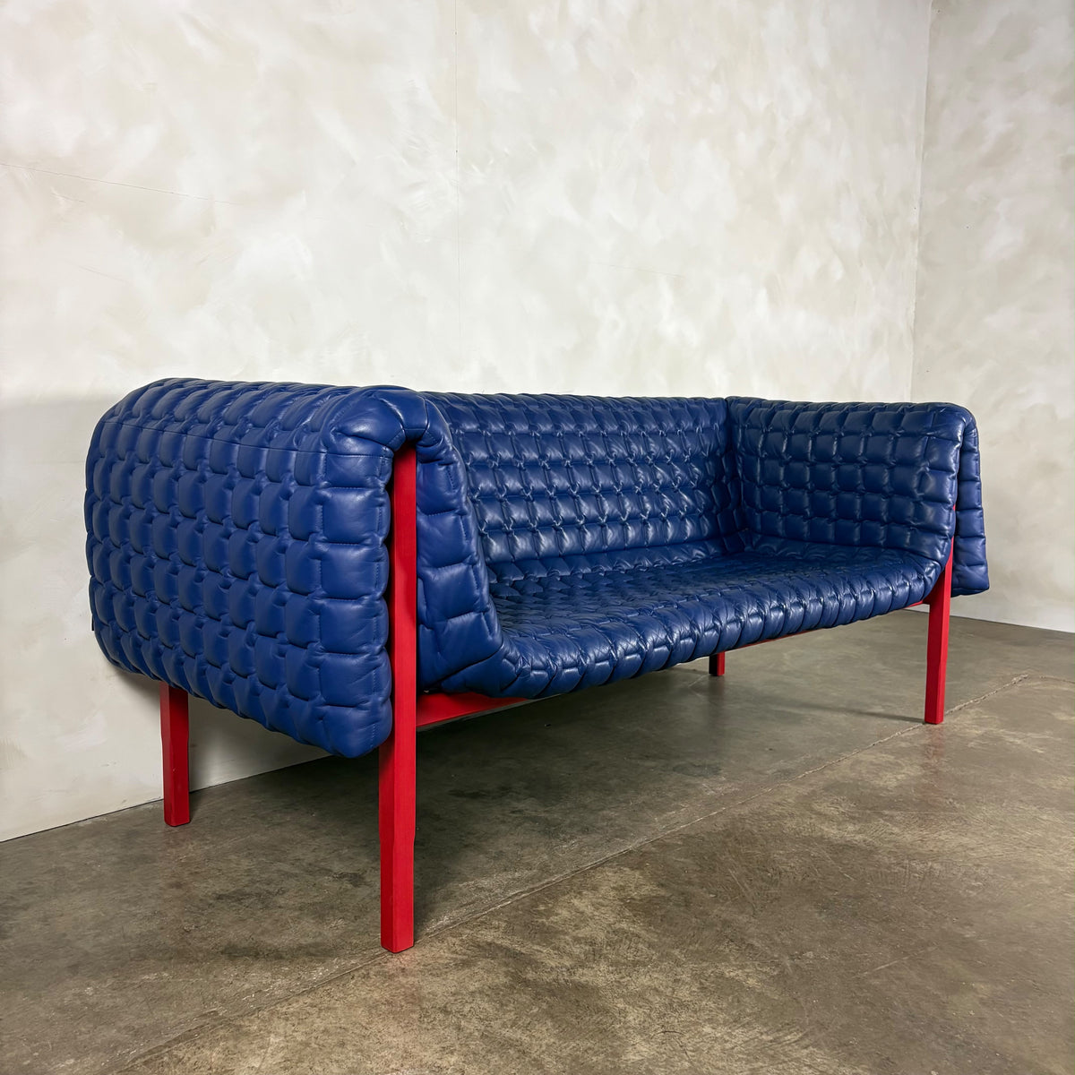 Ligne Roset Ruché Three Seater Sofa & Armchair By Inga Sempé In Blue Leather & Red Frame Vintage Retro