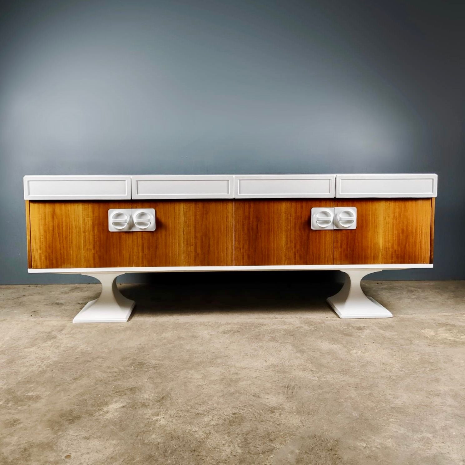 SOLD Mid Century Space Age Sideboard By Luigi Sormani Italian 1970s White & Walnut Vintage Retro MCM