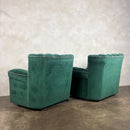 Vintage Art Deco Three Seater Sofa & Pair Of Armchairs In Emerald Turquoise Green Velvet