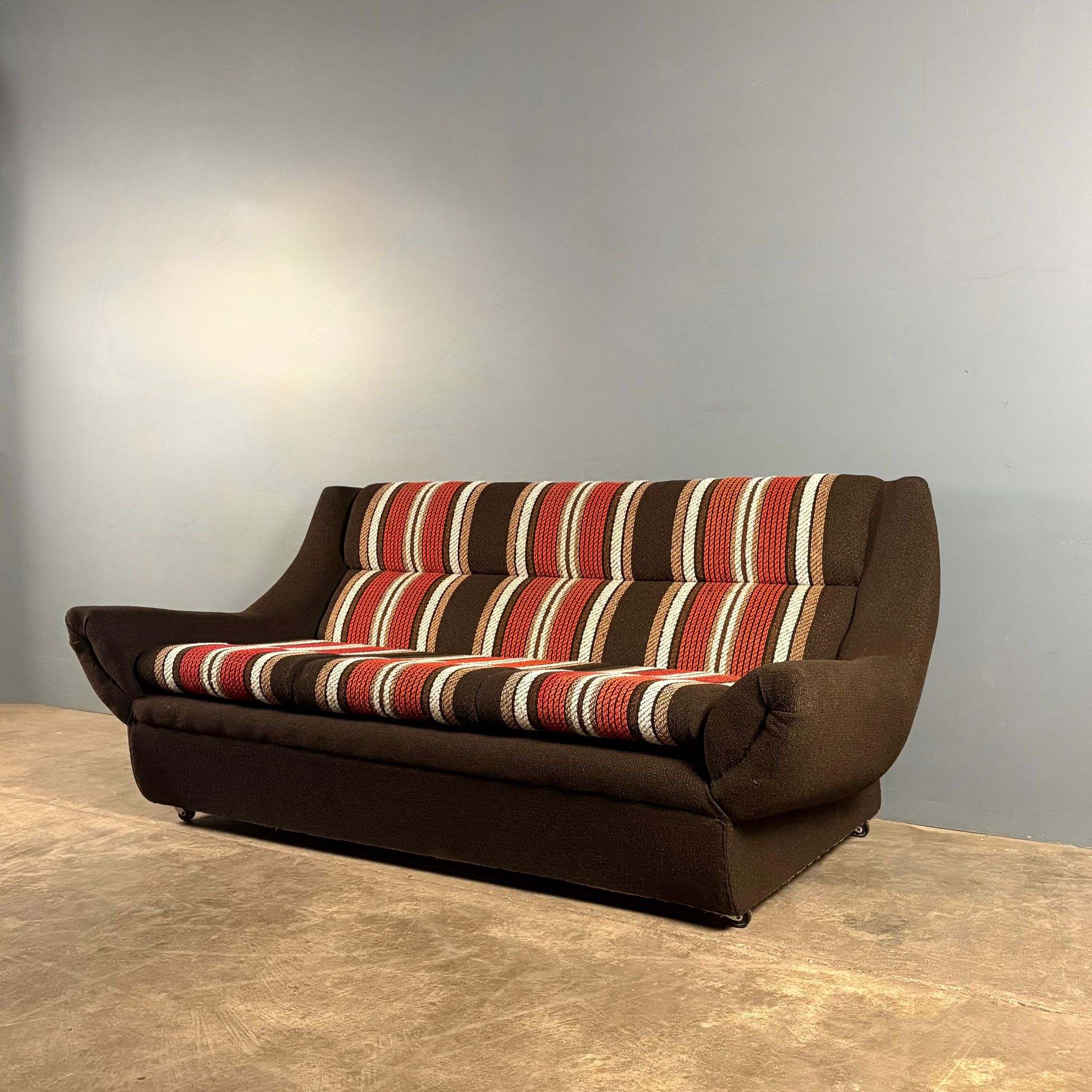 Mid Century Three Seater Striped Brown Sofa Vintage Retro MCM