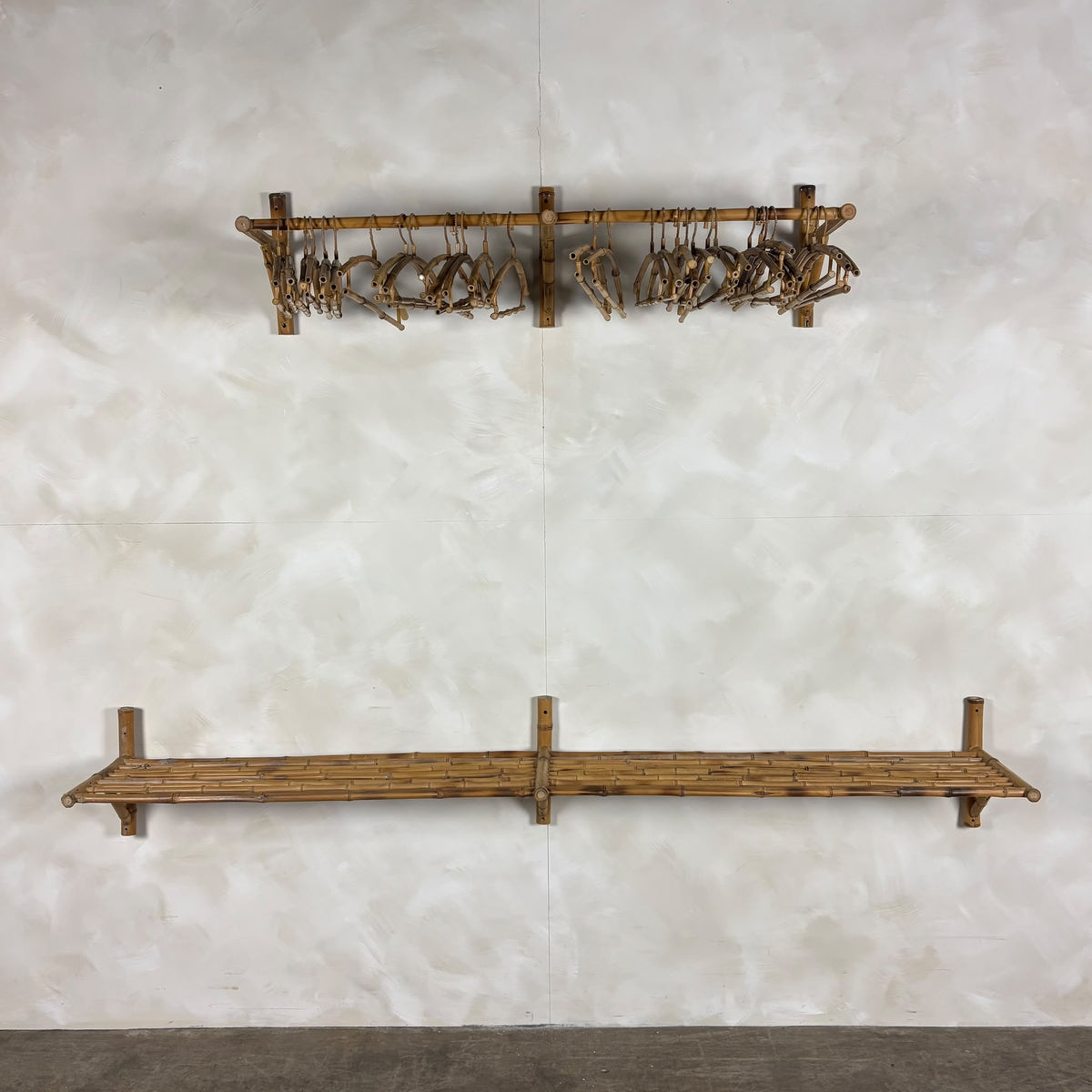 Mid Century Vintage Bamboo Wall Shelf & Hanging Rail With Coat Hangers Retro MCM
