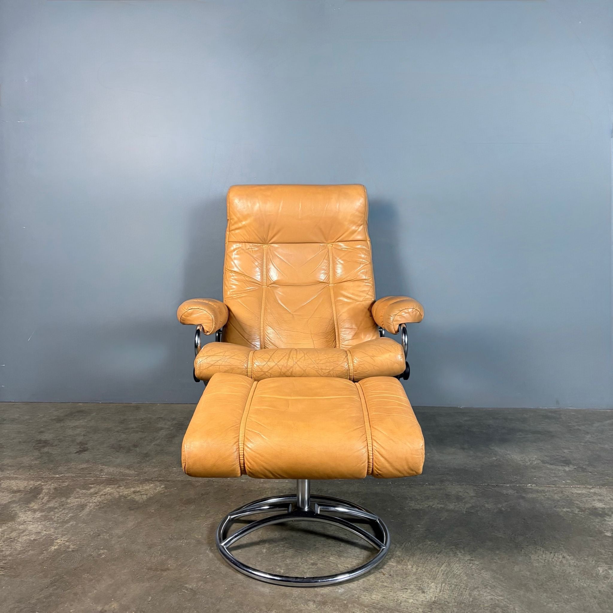 SOLD Pair Of Mid Century Leather & Chrome Ekornes Stressless Reclining Armchairs & Footstools Vintage Retro MCM