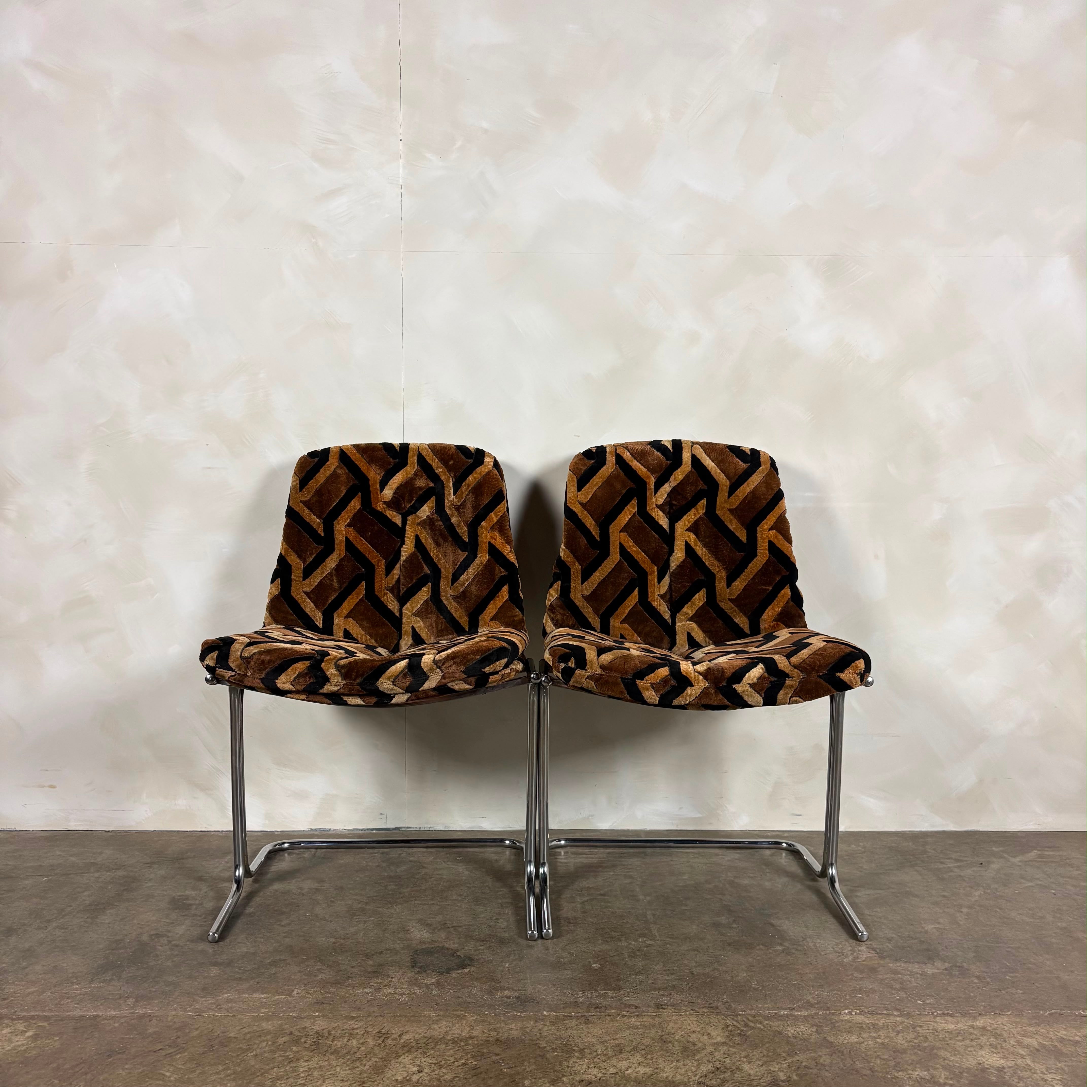 Pair Of Mid Century Pieff Eleganza Chrome Geometric Dining Chairs Vintage Retro MCM