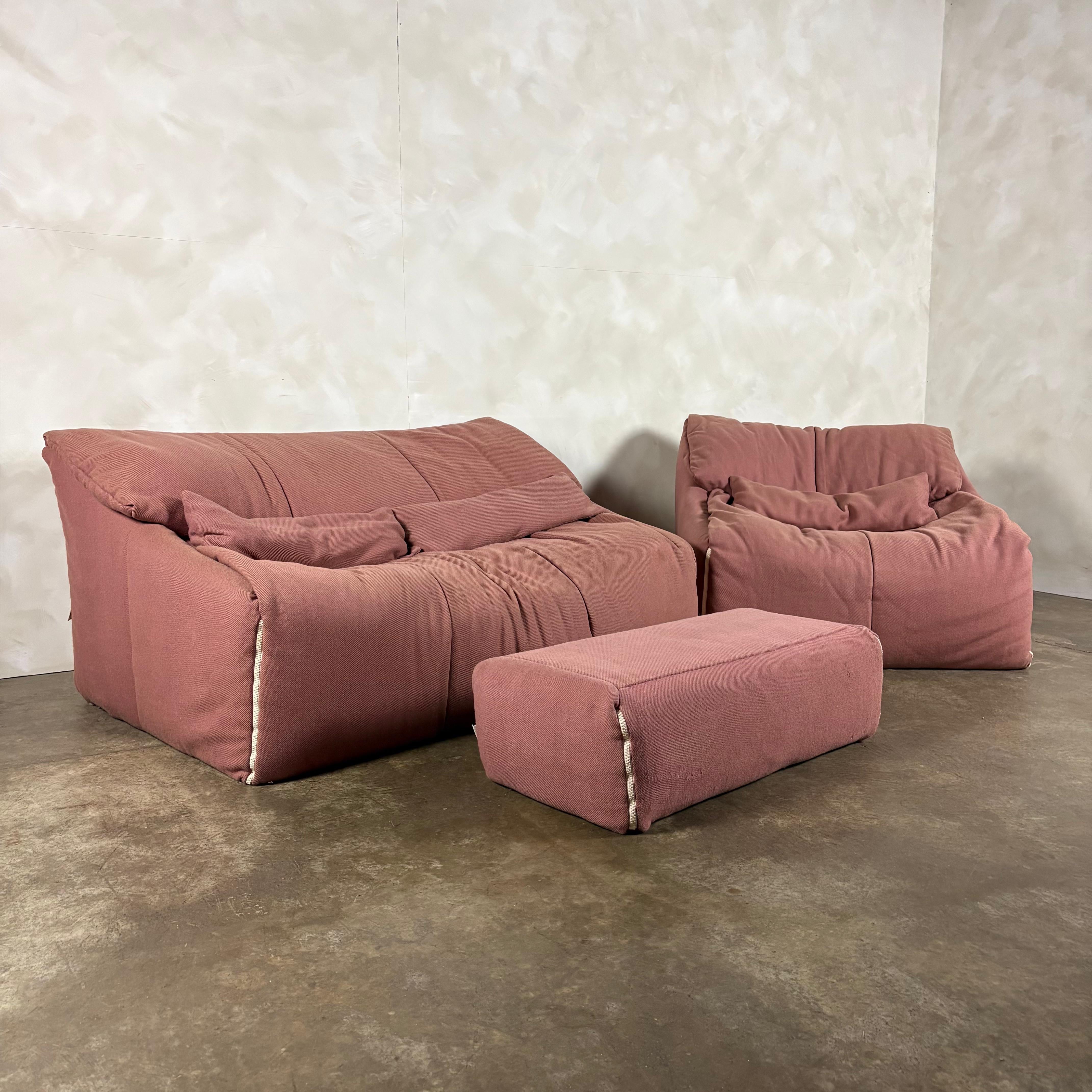 Pink Two Seater Sofa, Armchair & Footstool Annie Hiéronimus Ligne Roset 1980 Post Modern Cinna Mid Century Vintage Retro MCM