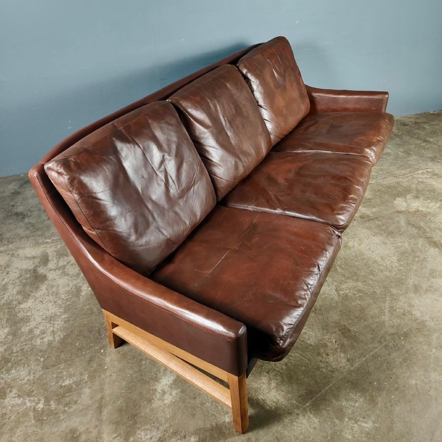 Erik Ole Jørgensen Model 224 Brown Leather Oak Three Seater Sofa Mid Century Vintage Retro MCM