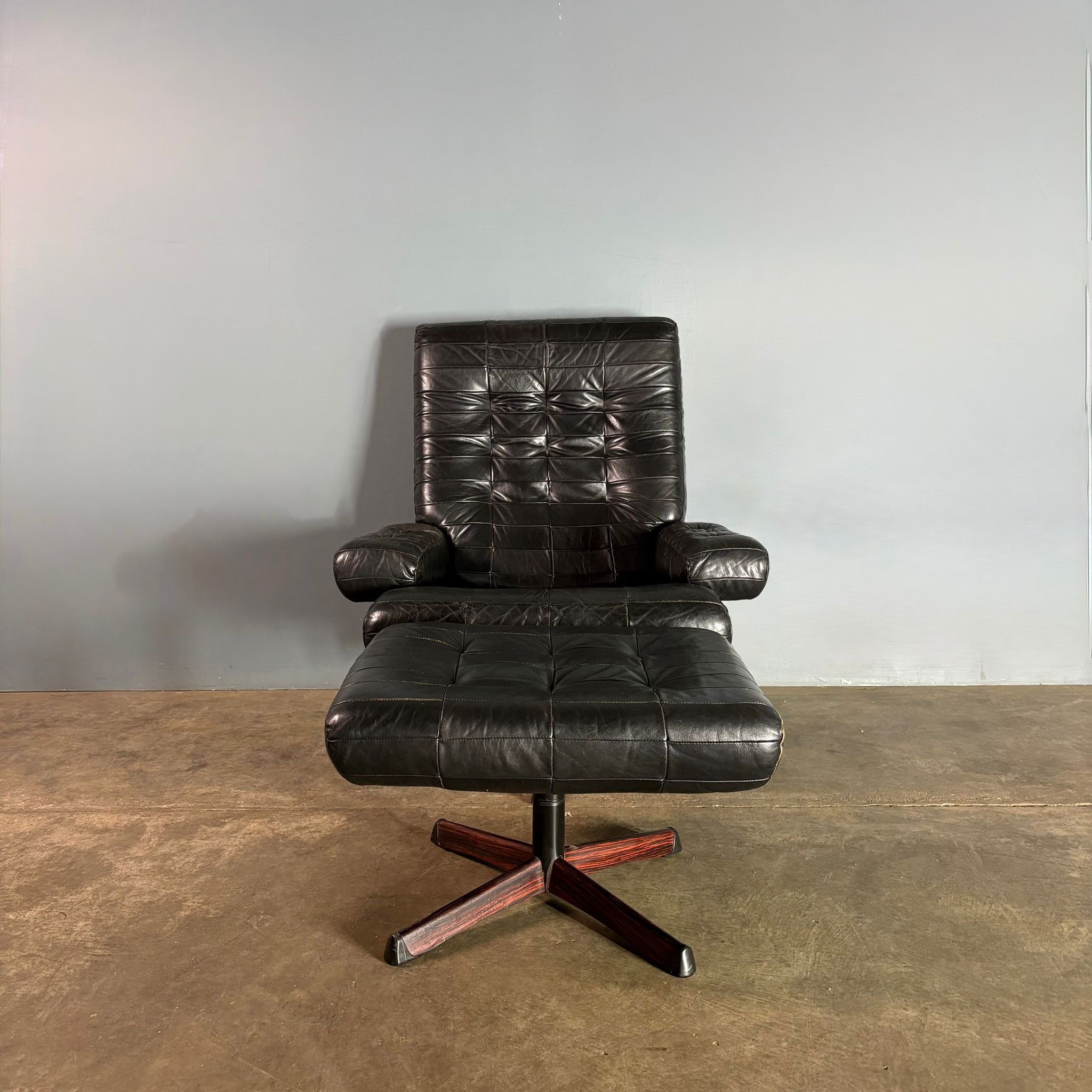 SOLD Mid Century Göte Möbler Master Brown Leather Swivel Lounge Chair & Footstool Vintage Retro MCM