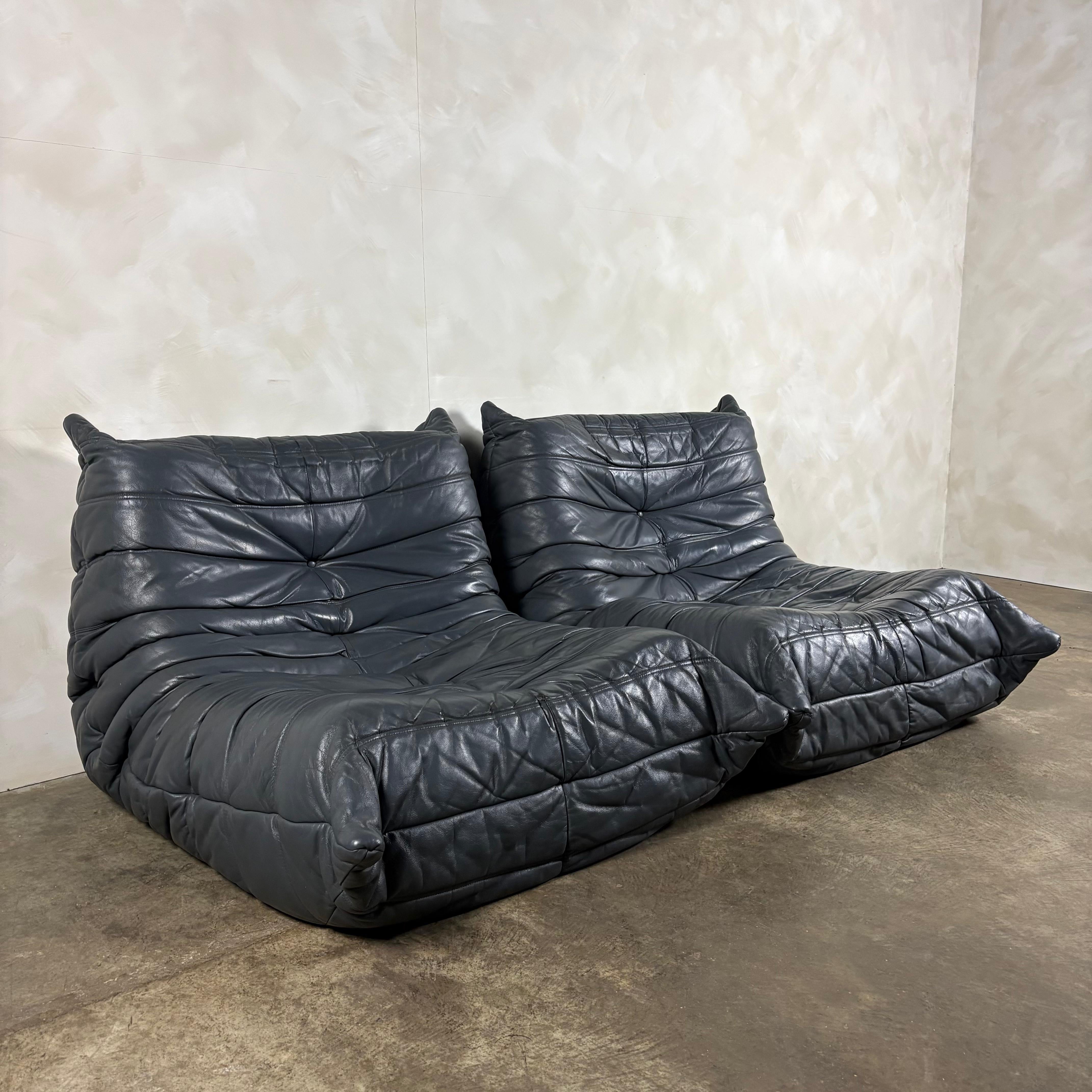 Togo Sofa Set Michel Ducaroy Ligne Roset Grey Leather Mid Century Vintage Retro MCM