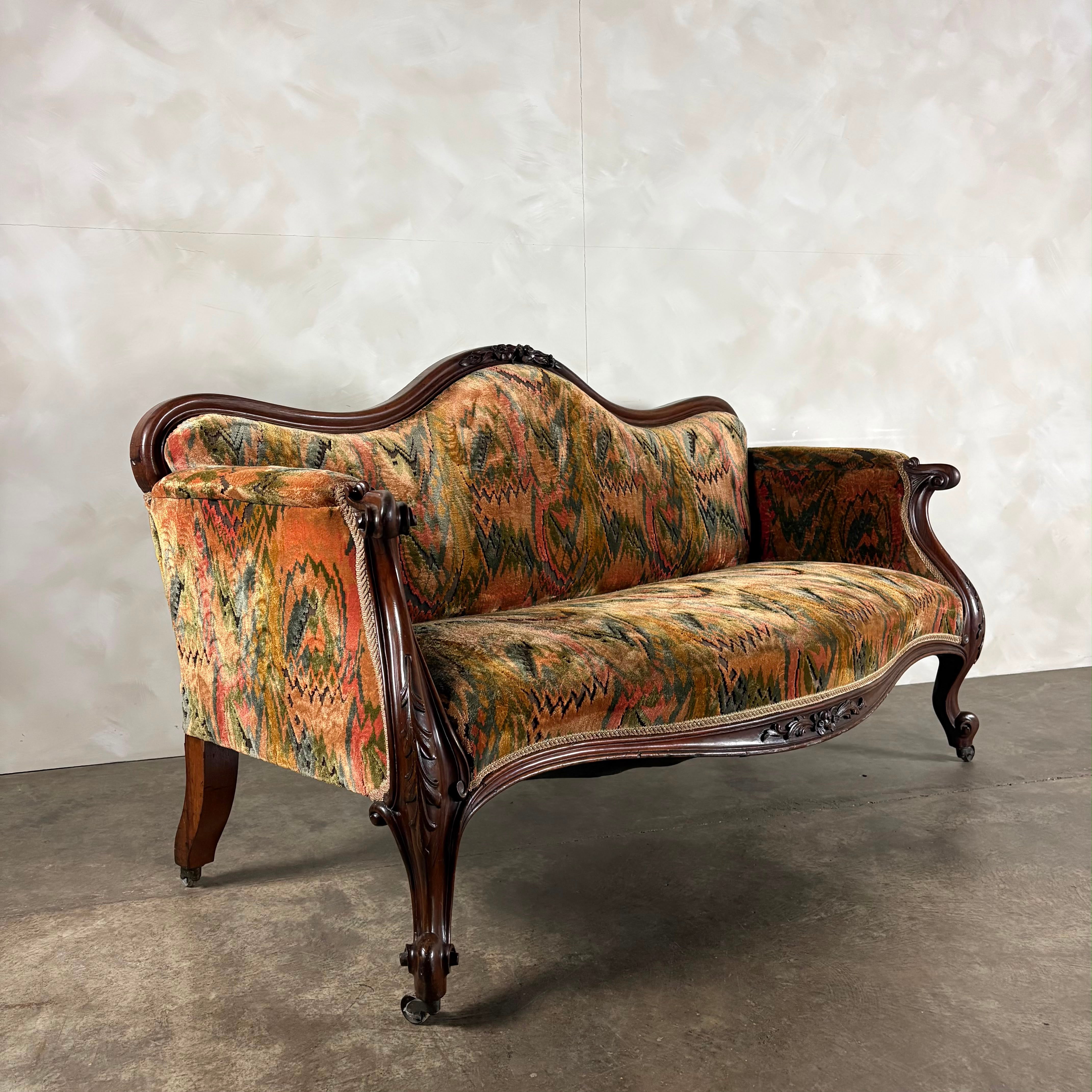 Antique Flamestitch Walnut Mahogany Canapé Three Seater Sofa Louis Style Victorian