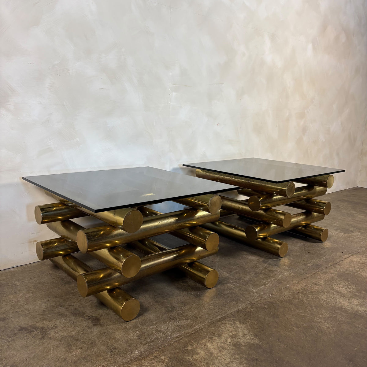 Pair Of Pieff Brass & Smoked Glass Side/Coffee Tables 1970s Mid Century Vintage Retro MCM