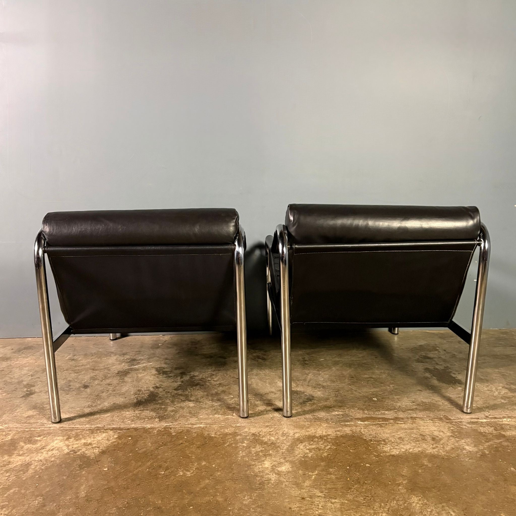 SOLD Mid Century Pair Of Pieff Beta Black Leather Lounge Chairs Vintage Retro MCM