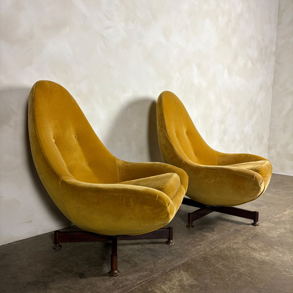 Pair Of Greaves & Thomas Yellow Mustard Egg Swivel Lounge Chairs Mid Century Vintage Retro MCM