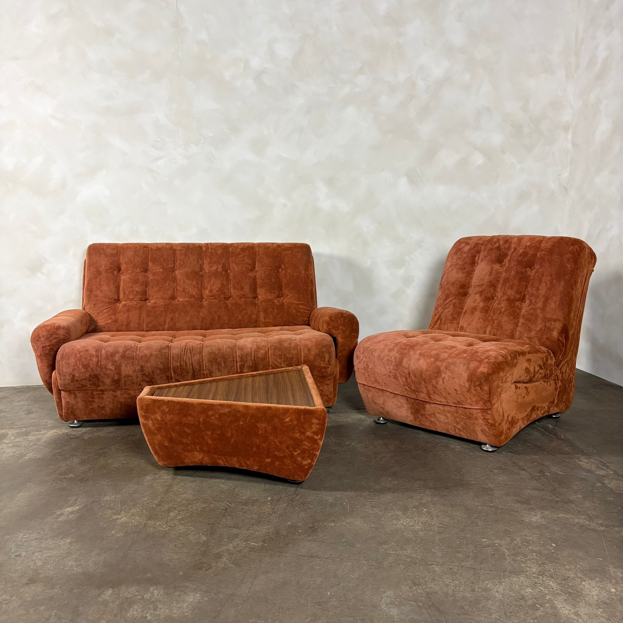 Mid Century Modular Brown Two Seater Sofa Bed & Armchair With Coffee Table Vintage Retro MCM