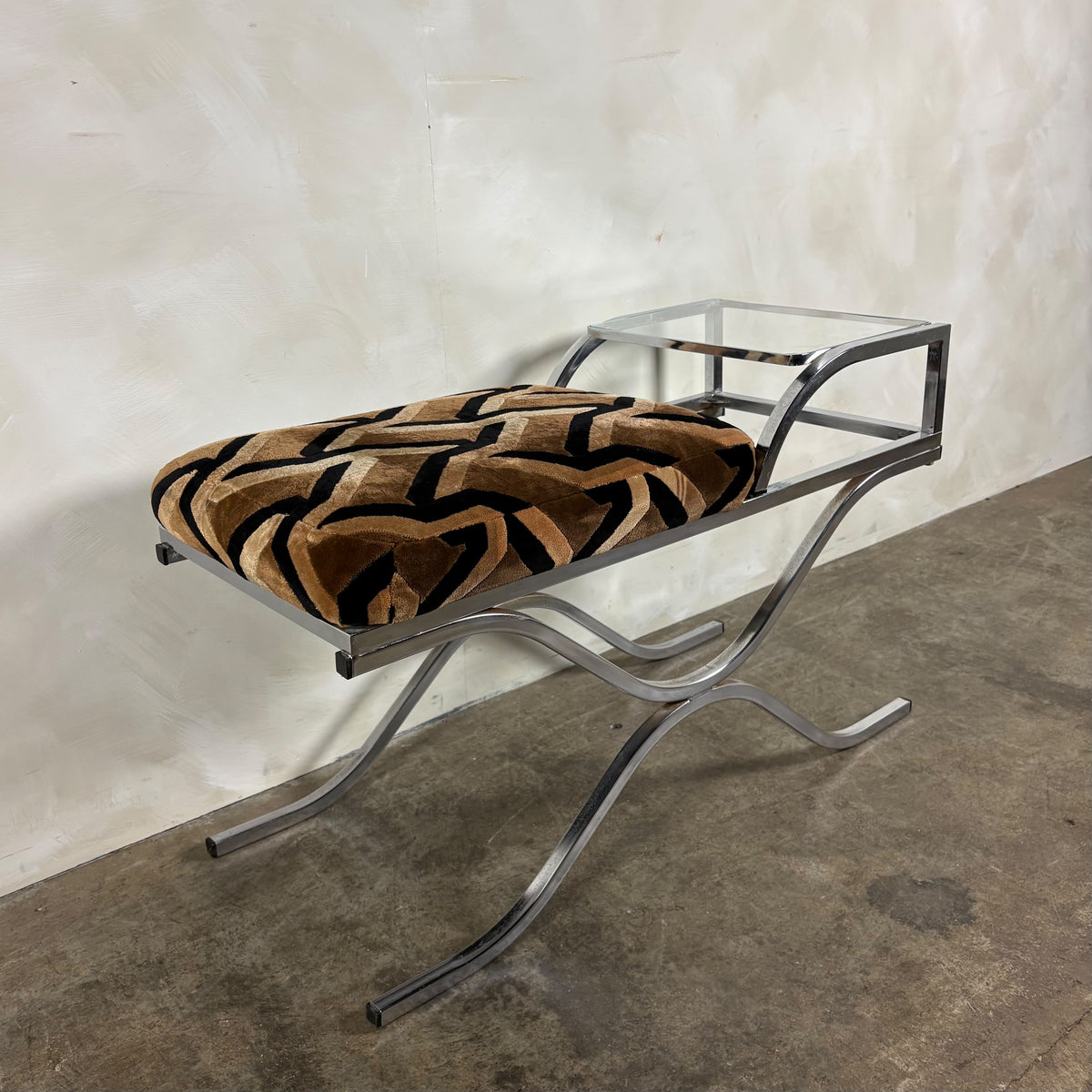 1970s Pieff Chrome & Geometric Fabric Upholstered Side Table/Seat Mid Century Vintage Retro MCM
