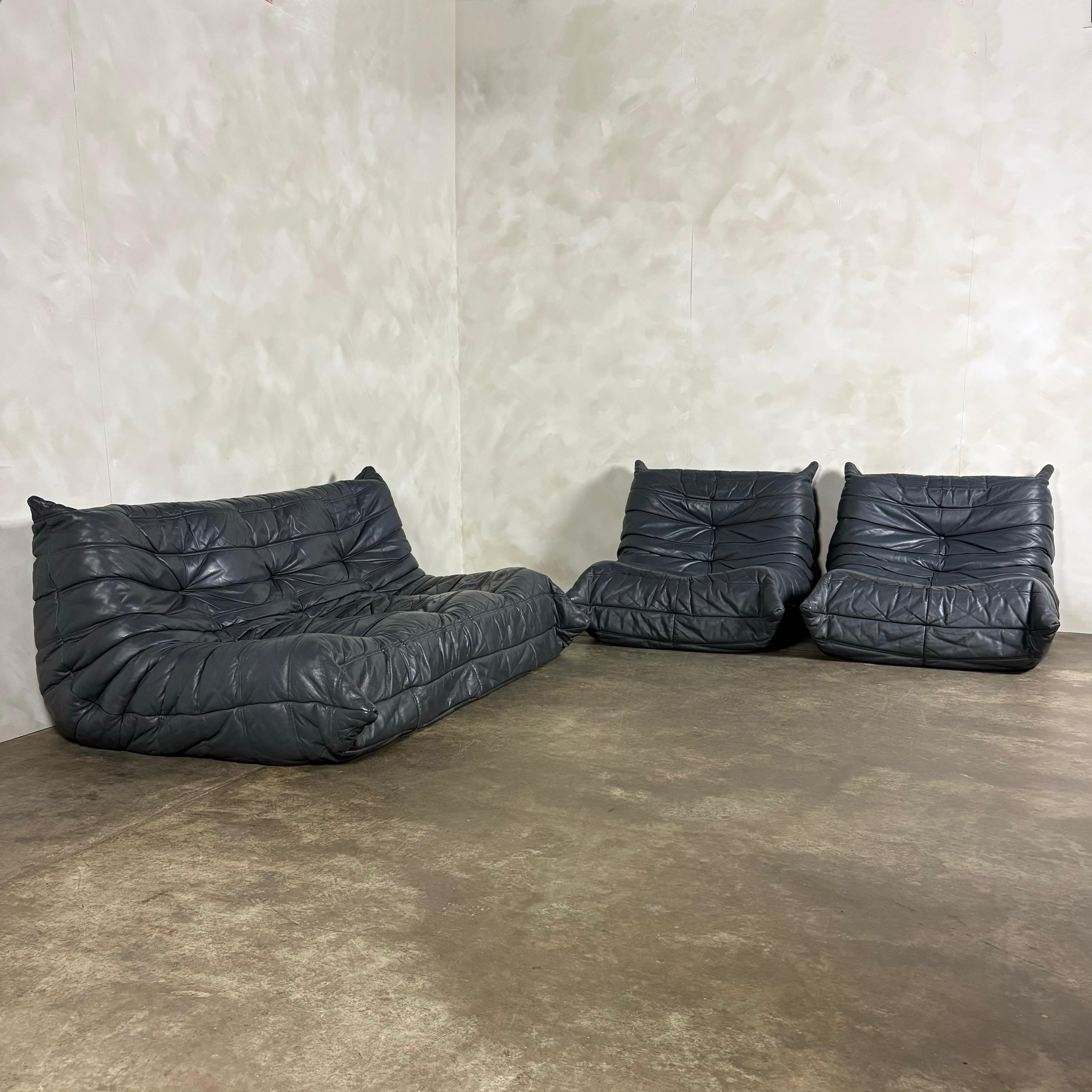 Togo Sofa Set Michel Ducaroy Ligne Roset Grey Leather Mid Century Vintage Retro MCM