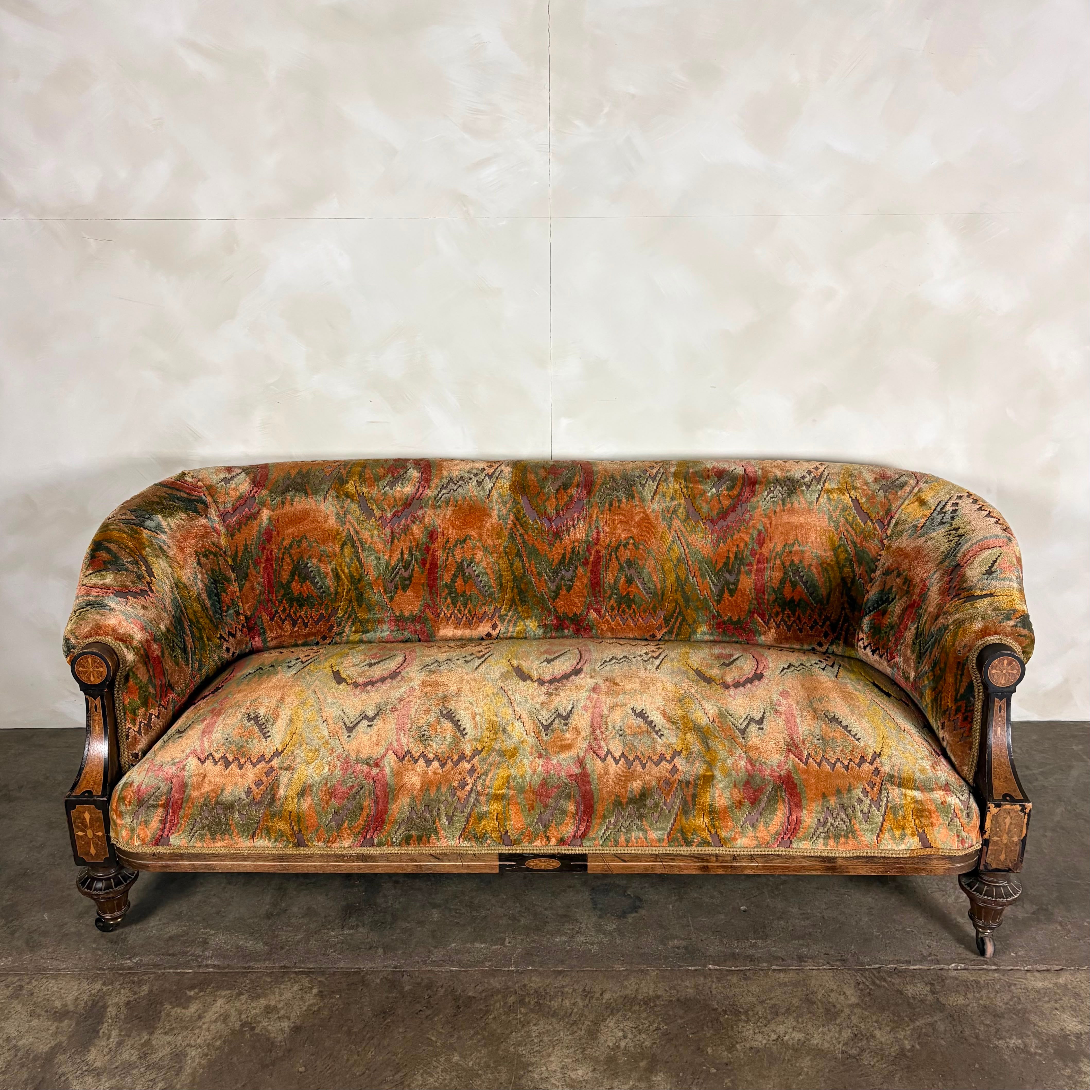 Antique Flamestitch Chesterfield Style Walnut Mahogany Three Seater Sofa Victorian