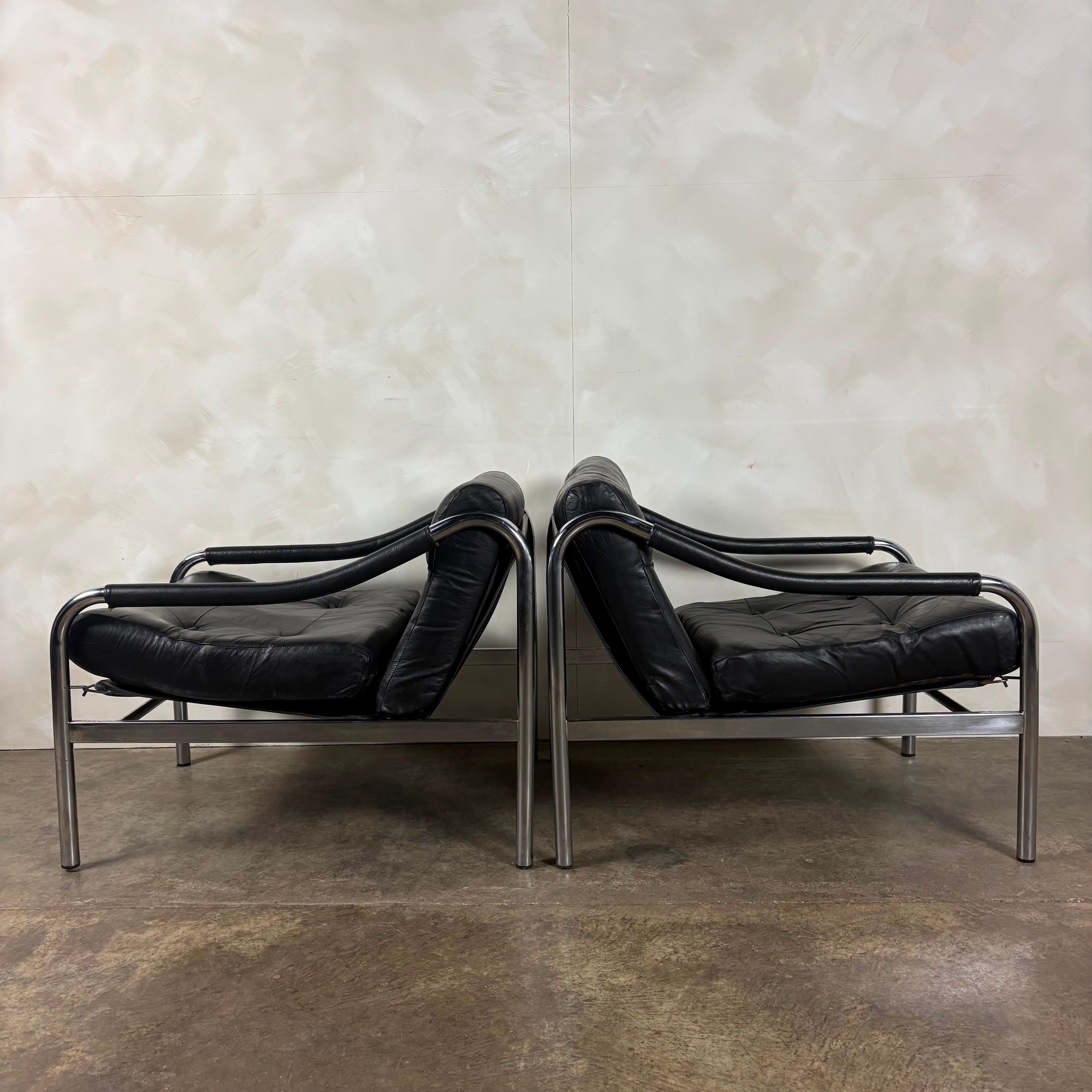 Pair Of Pieff Beta Lounge Chairs In Black Leather Mid Century Vintage Retro MCM
