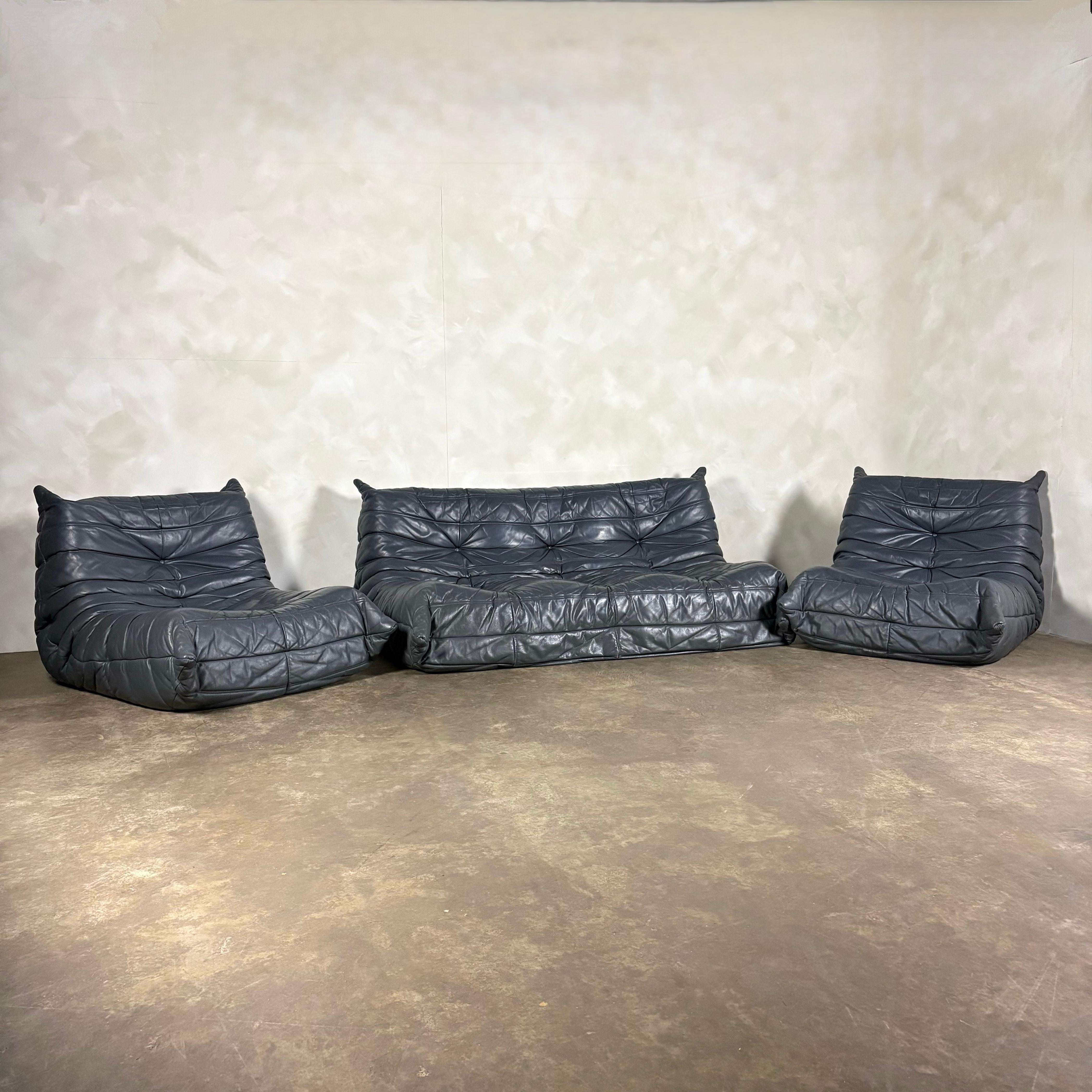 Togo Sofa Set Michel Ducaroy Ligne Roset Grey Leather Mid Century Vintage Retro MCM