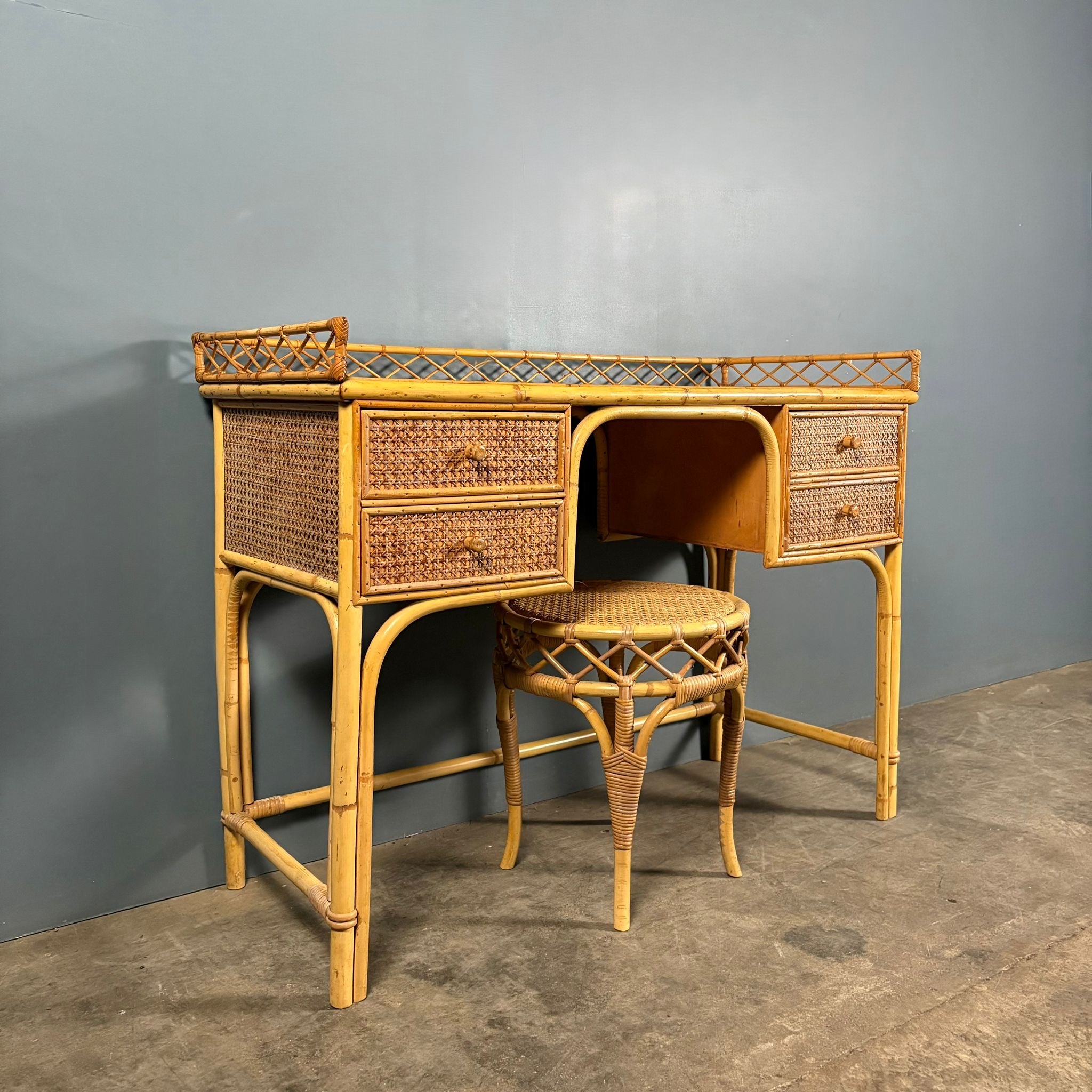 Mid Century Angraves Of Leicester Dressing Table/Desk & Stool Bamboo Cane & Rattan Vintage Retro MCM
