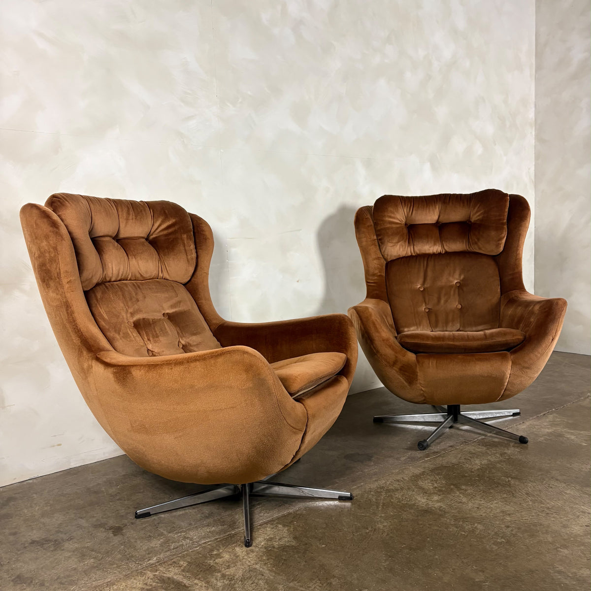 SOLD Pair Of 1970s Vono Swivel Egg Lounge Chairs In Caramel Tan Light Brown Velvet Mid Century Vintage Retro MCM