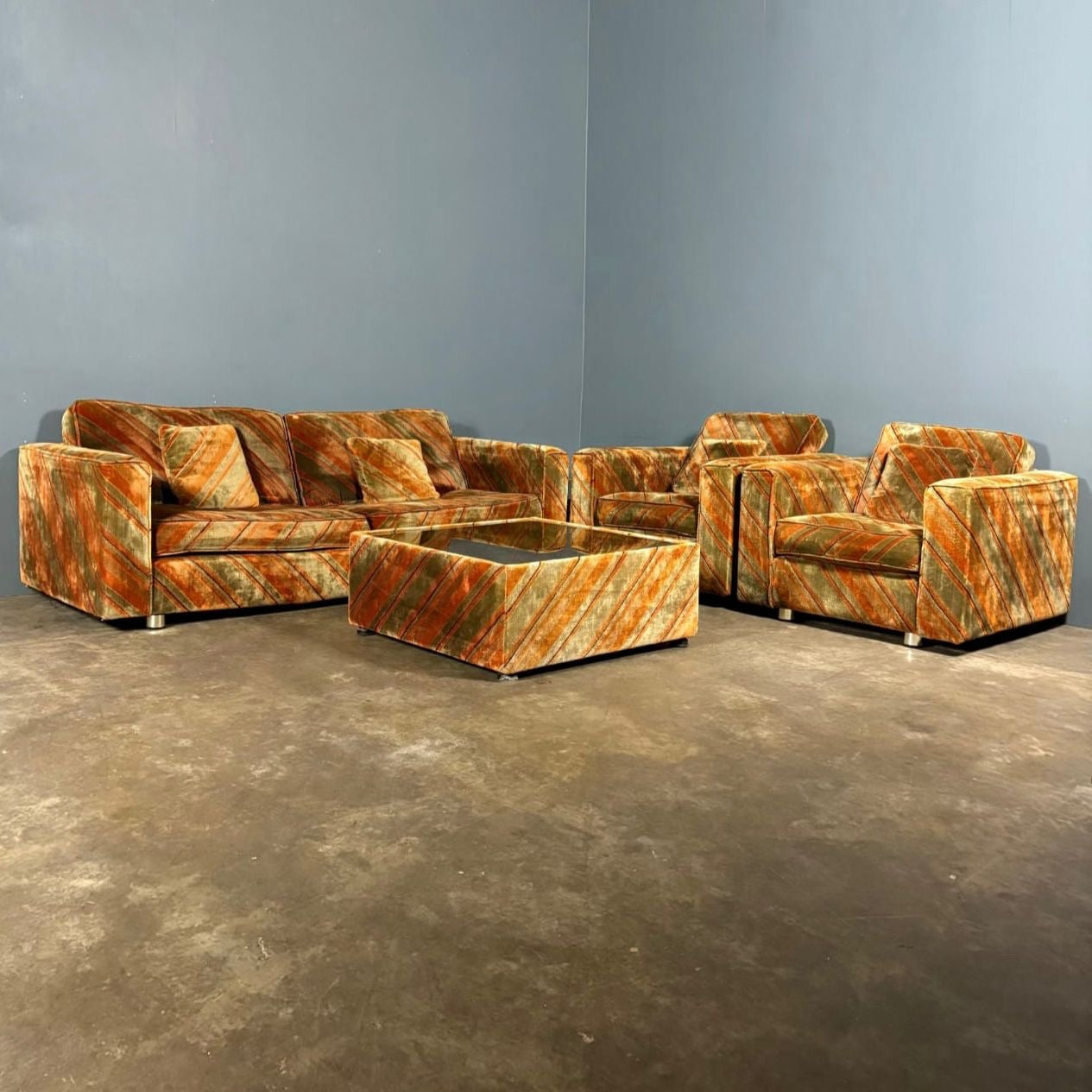 Mid Century Everest Orange Striped Geometric Lounge Suite Three Seater Sofa, Armchairs & Coffee Tables Vintage Retro MCM