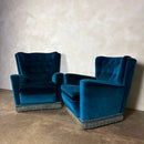 Mid Century Pair Of His & Her Blue Armchairs Vintage Retro MCM